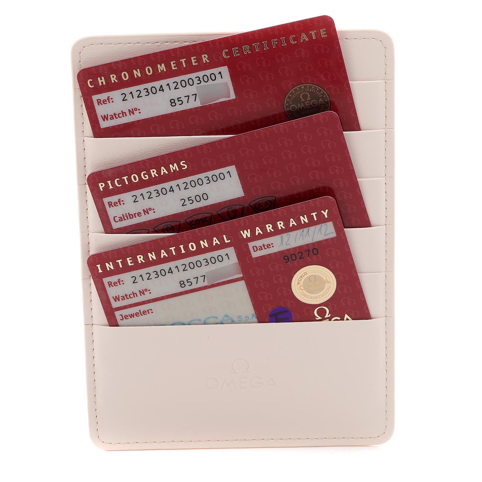 The image shows the certification cards for the Omega Seamaster 212.30.41.20.03.001 Men
s Stainless Steel Blue Dial 212.30.41.20.03.001 Men
s Stainless Steel Blue Dial model stored in a branded card holder.