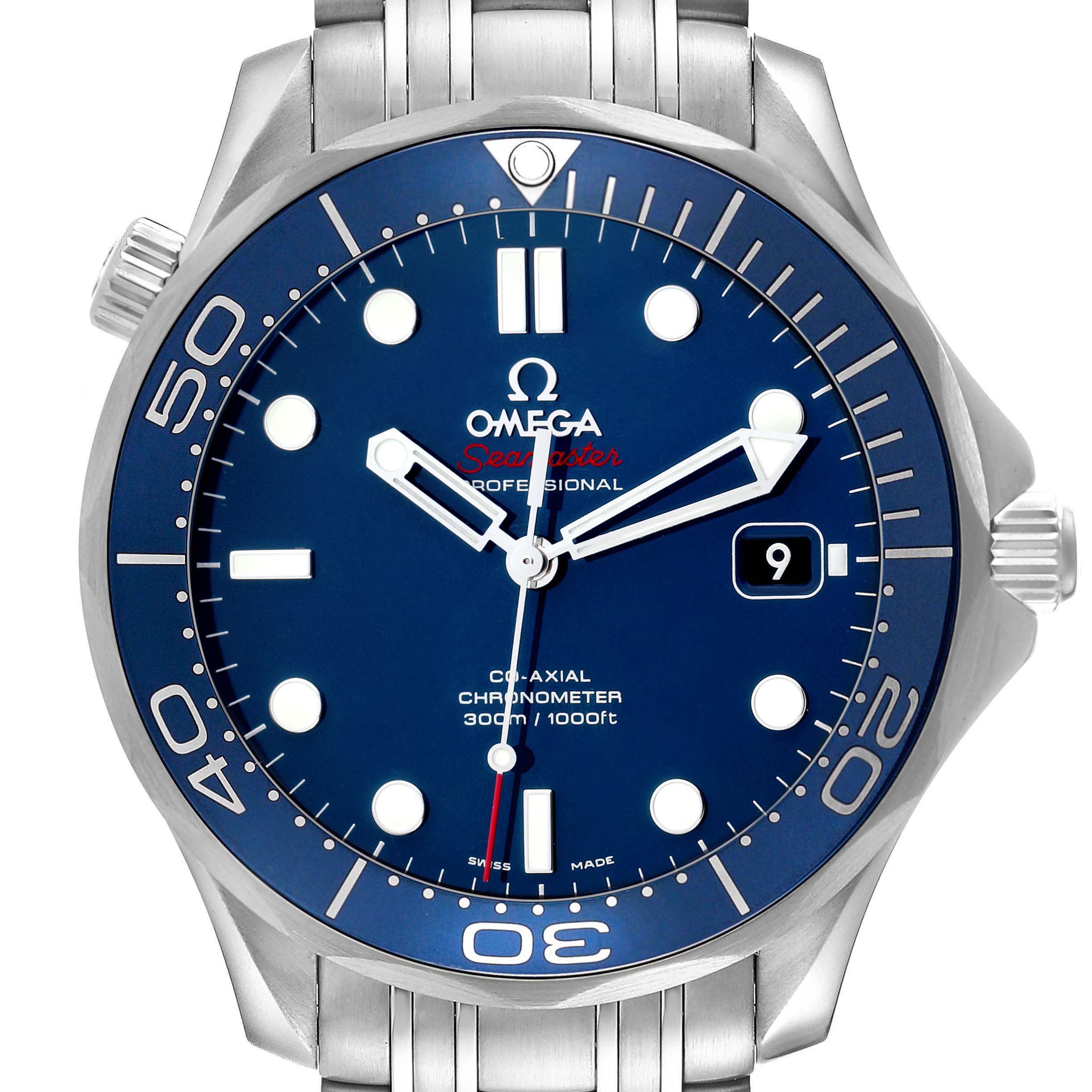 The Omega Seamaster 212.30.41.20.03.001 Men
s Stainless Steel Blue Dial 212.30.41.20.03.001 Men
s Stainless Steel Blue Dial watch is shown in a front view, highlighting the dial, bezel, crown, and part of the bracelet.