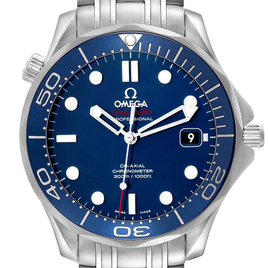 The Omega Seamaster watch is shown in a front view, highlighting the dial, bezel, crown, and part of the bracelet.