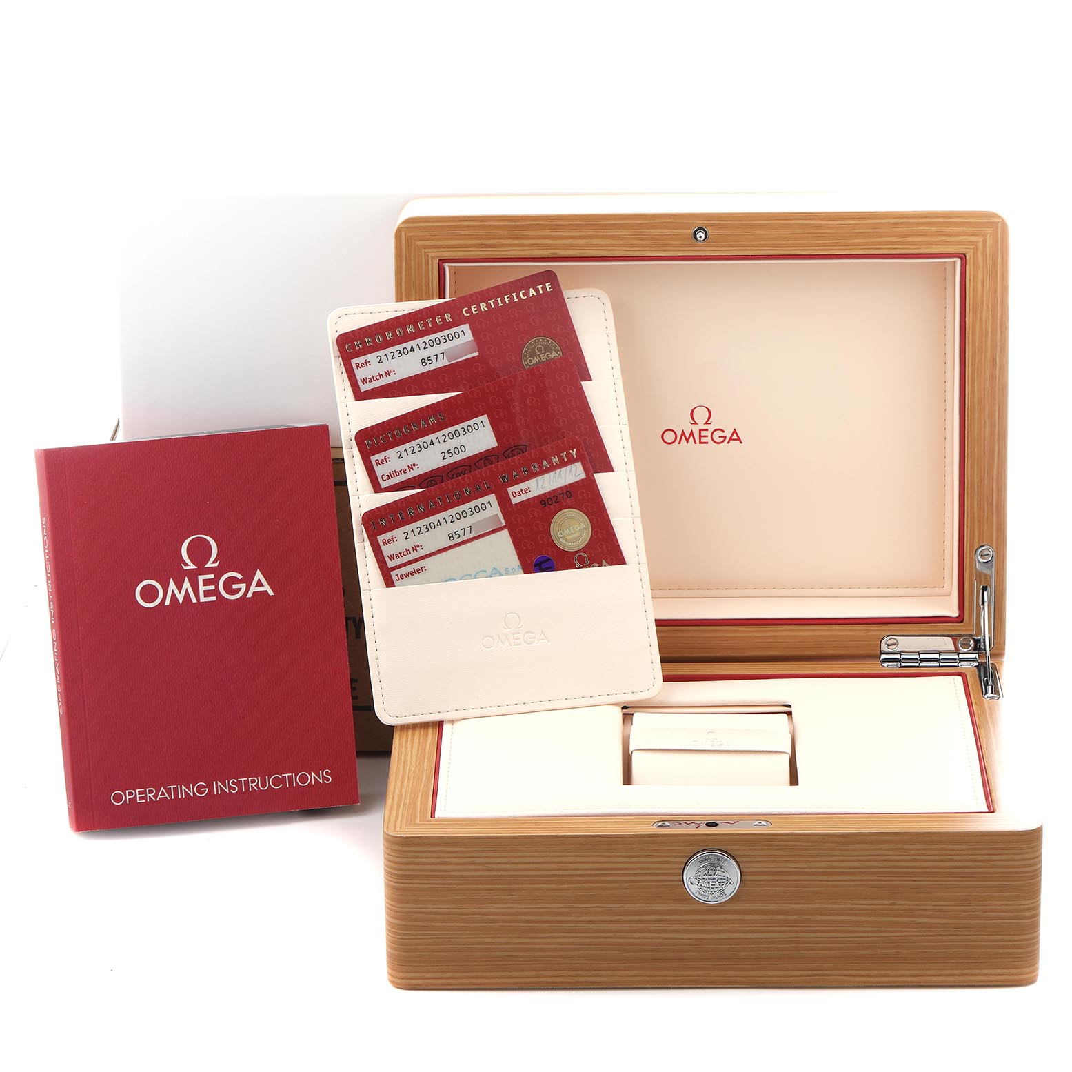 The image shows the Omega Seamaster 212.30.41.20.03.001 Men
s Stainless Steel Blue Dial 212.30.41.20.03.001 Men
s Stainless Steel Blue Dial
s accessories, including a wooden box, warranty cards, and an operating manual.