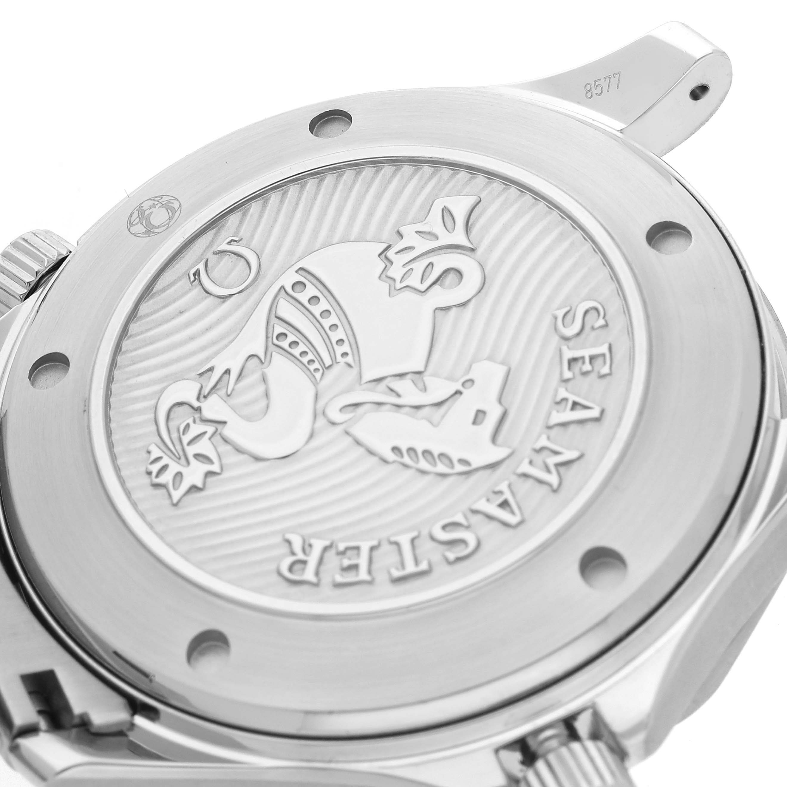 The image shows the case back of an Omega Seamaster 212.30.41.20.03.001 Men
s Stainless Steel Blue Dial 212.30.41.20.03.001 Men
s Stainless Steel Blue Dial watch, featuring an embossed logo at an angled view.