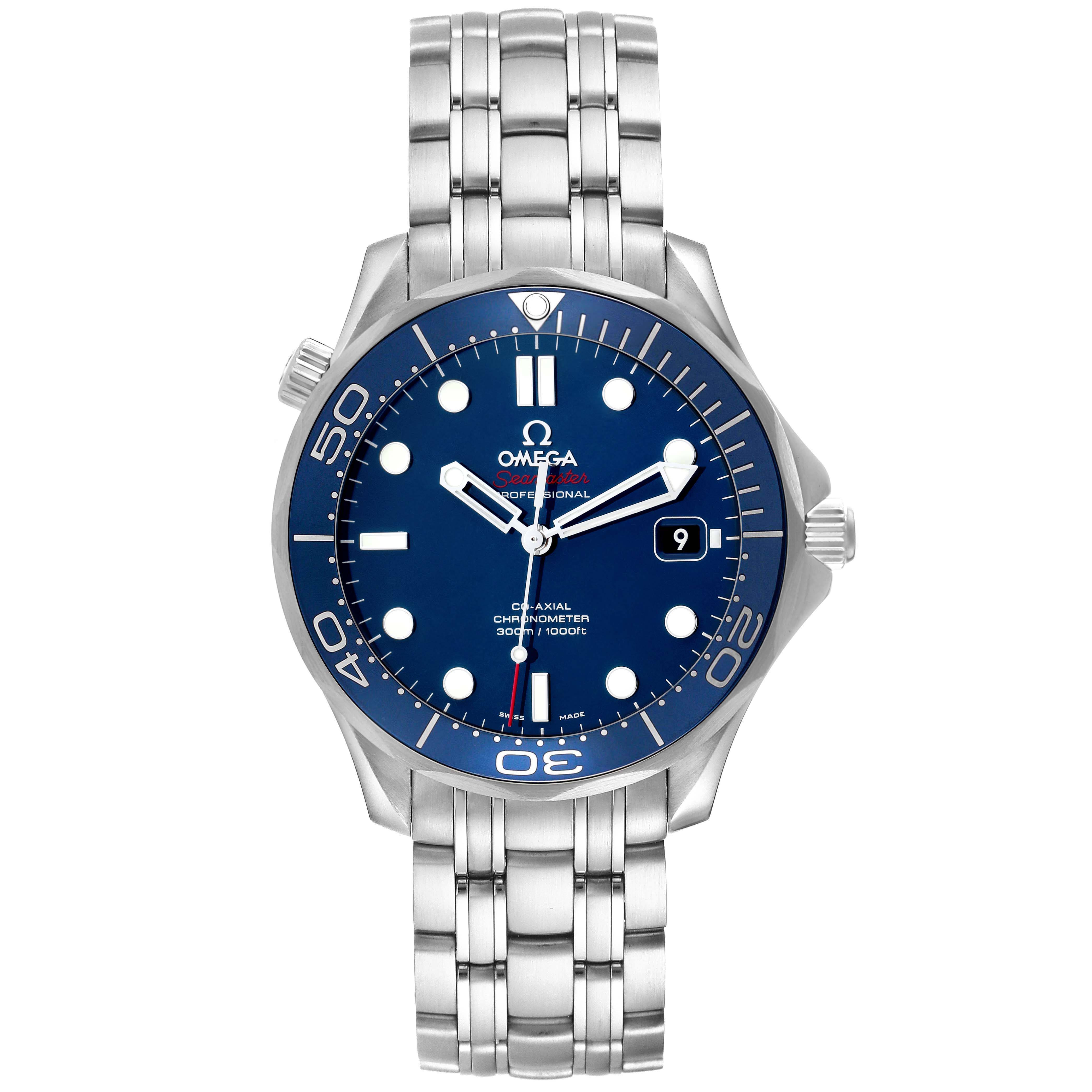 The Omega Seamaster 212.30.41.20.03.001 Men
s Stainless Steel Blue Dial 212.30.41.20.03.001 Men
s Stainless Steel Blue Dial watch is shown from the front, displaying its face, bezel, and stainless steel bracelet.