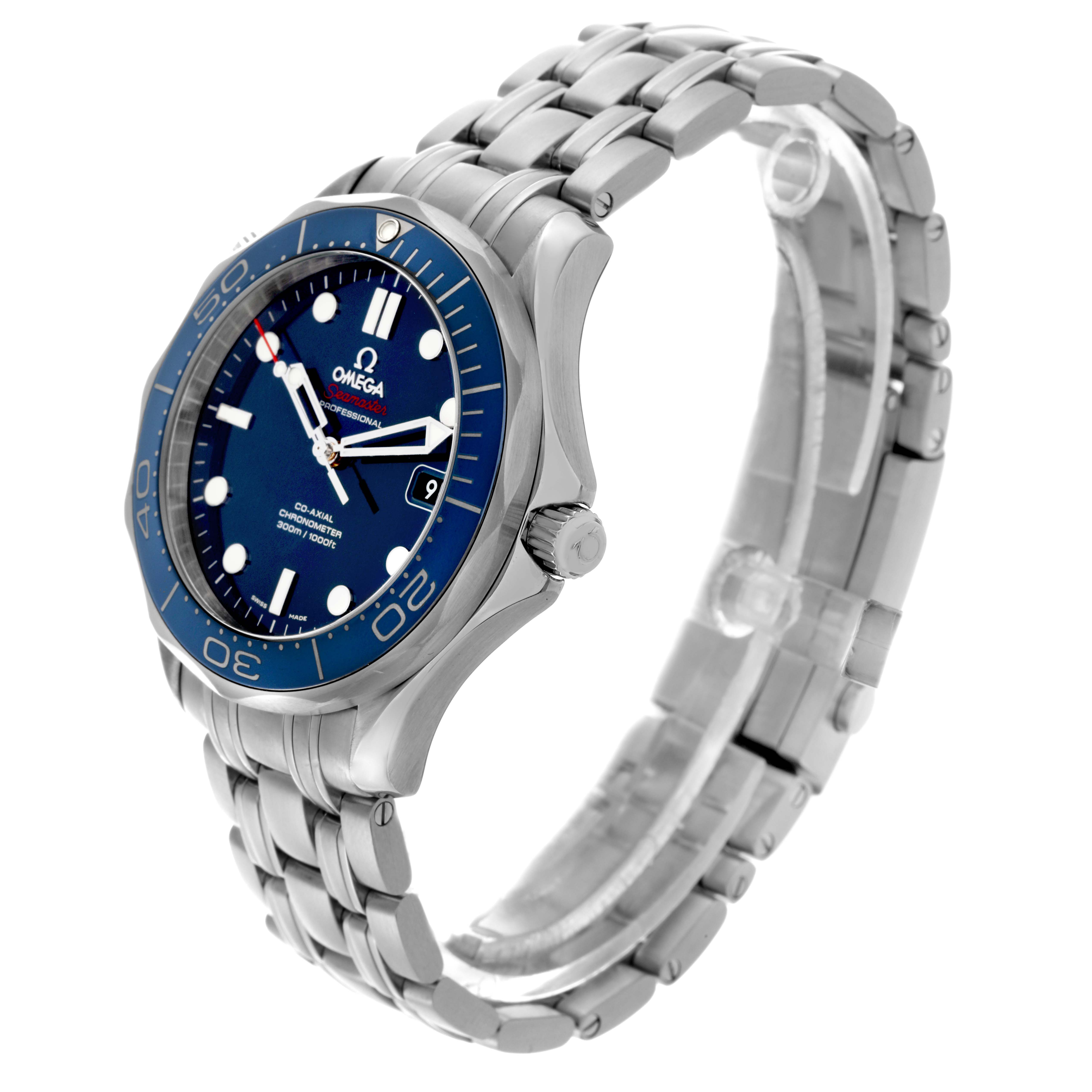 The Omega Seamaster 212.30.41.20.03.001 Men
s Stainless Steel Blue Dial 212.30.41.20.03.001 Men
s Stainless Steel Blue Dial watch is shown at a three-quarter angle, displaying the dial, bezel, crown, and bracelet.