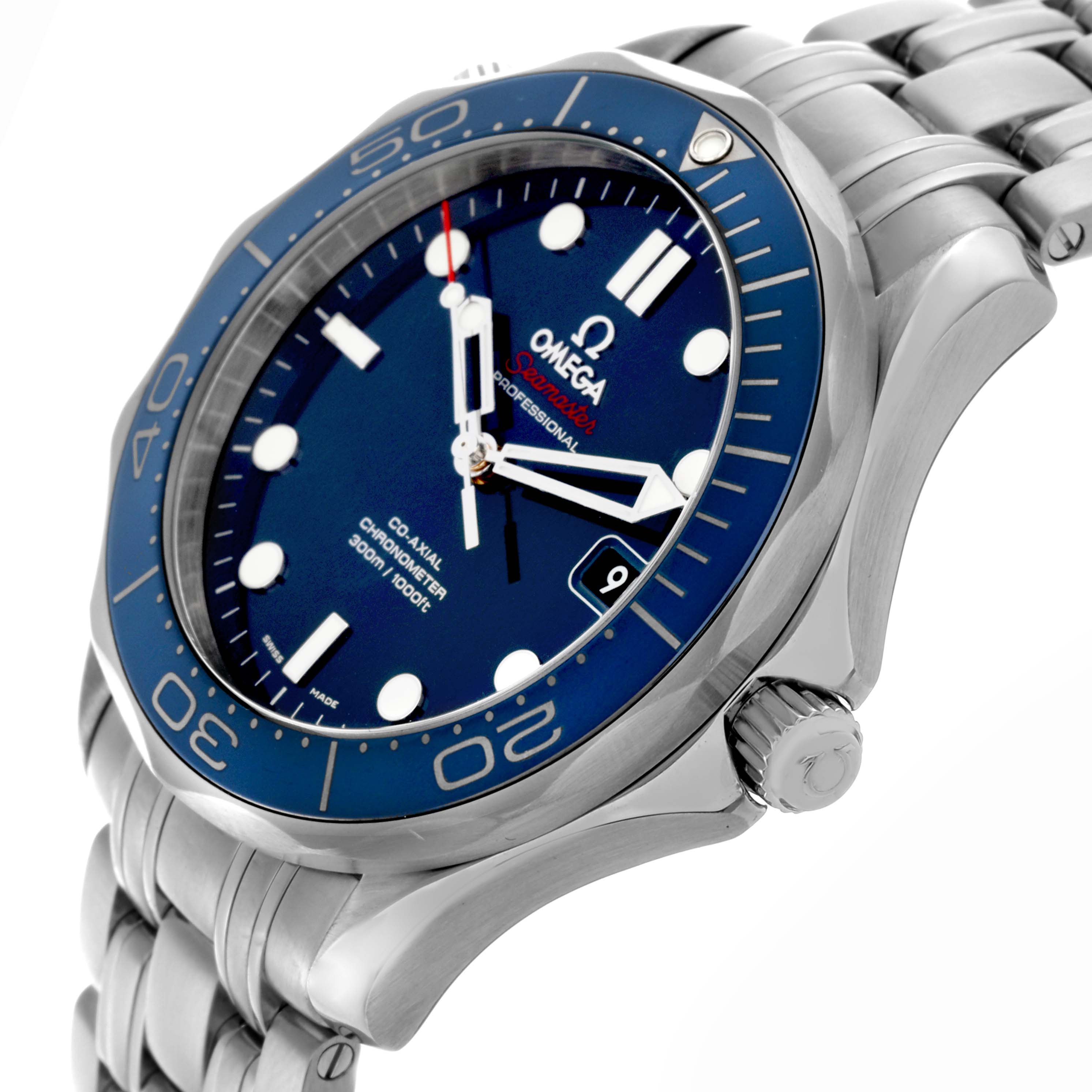 The Omega Seamaster 212.30.41.20.03.001 Men
s Stainless Steel Blue Dial 212.30.41.20.03.001 Men
s Stainless Steel Blue Dial is shown from an angled side view, highlighting the bezel, crown, and part of the bracelet.