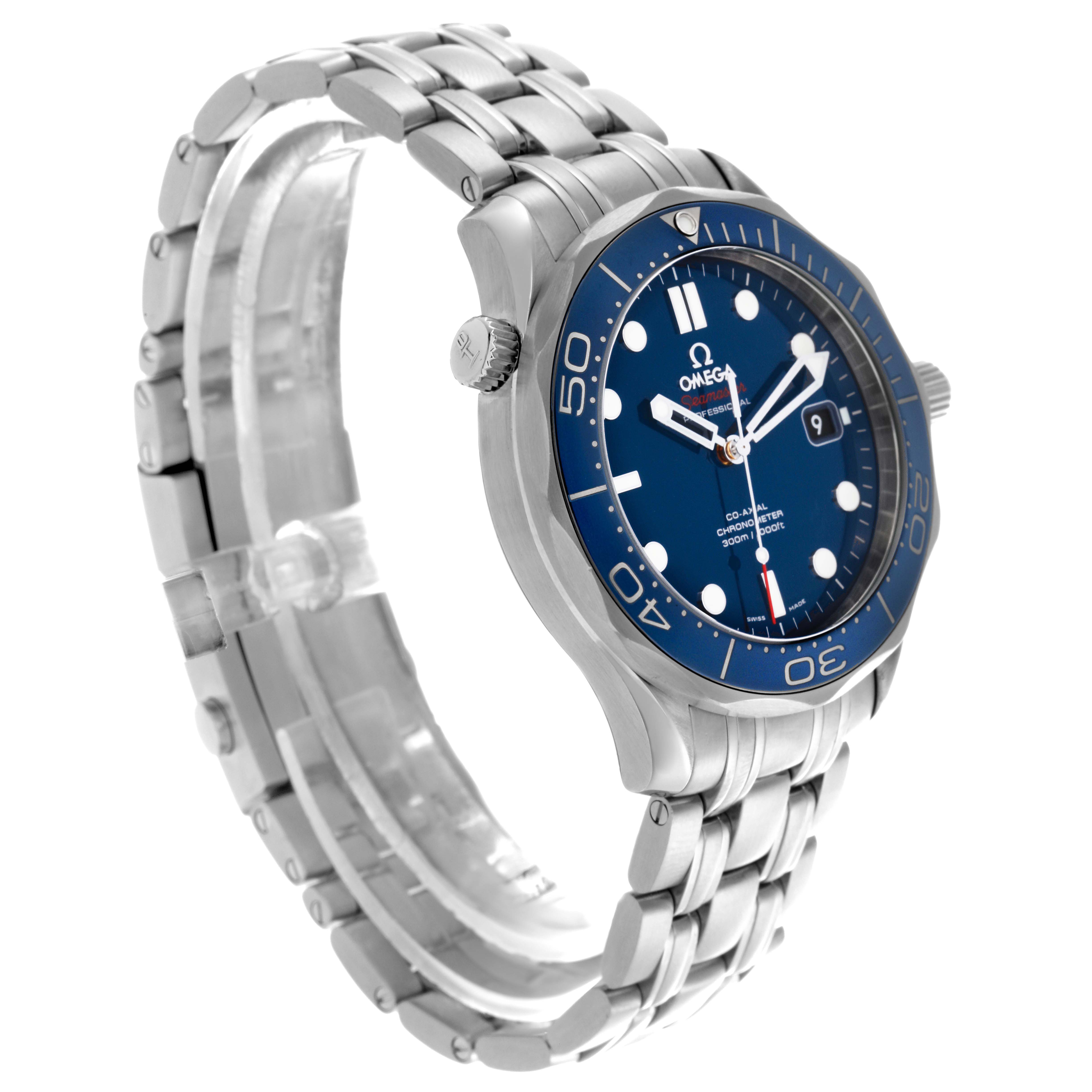 The Omega Seamaster 212.30.41.20.03.001 Men
s Stainless Steel Blue Dial 212.30.41.20.03.001 Men
s Stainless Steel Blue Dial watch is shown at a three-quarter angle, displaying the stainless steel bracelet and blue dial.