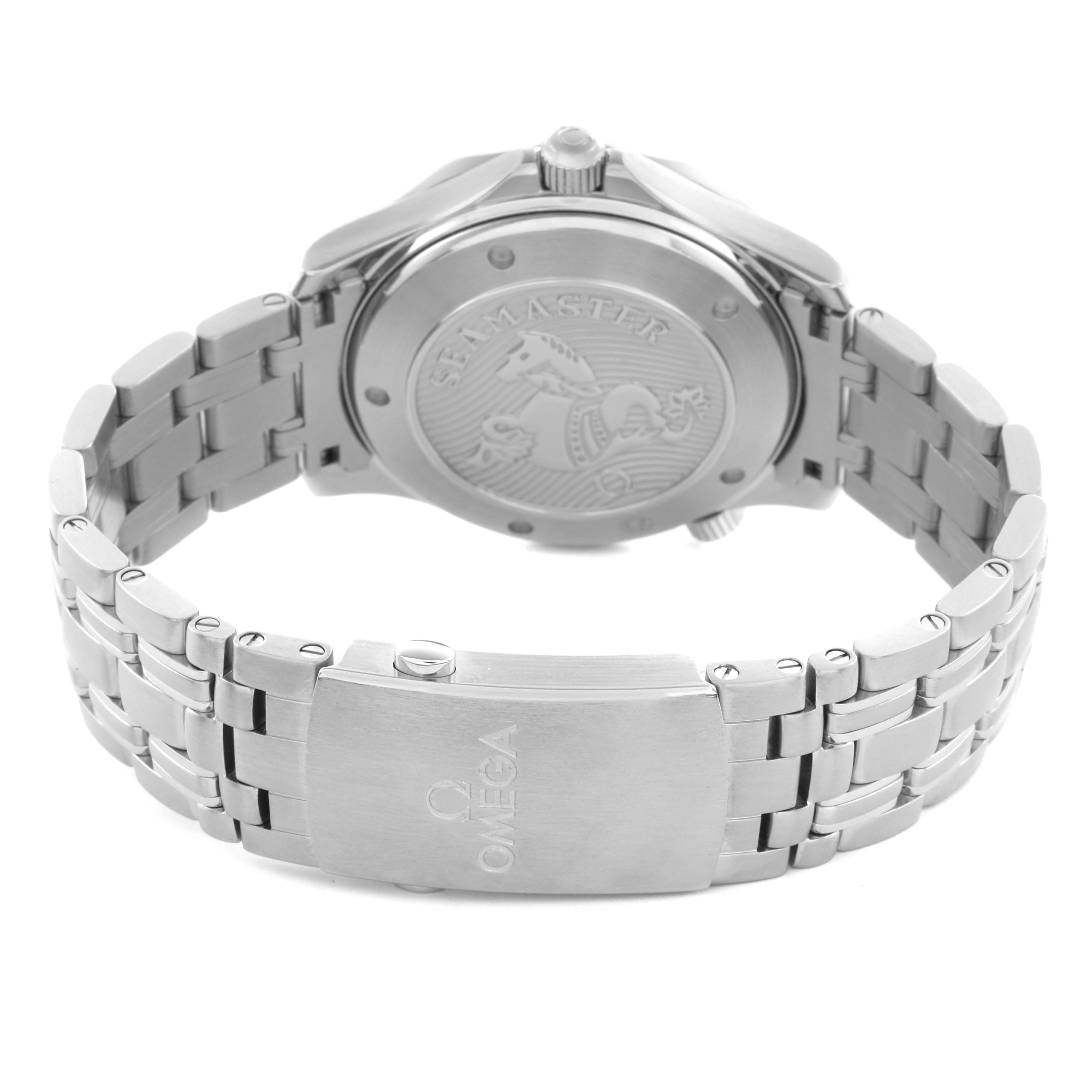 The Omega Seamaster 212.30.41.20.03.001 Men
s Stainless Steel Blue Dial 212.30.41.20.03.001 Men
s Stainless Steel Blue Dial watch is shown from the back, highlighting the case back and metal bracelet with the clasp visible.