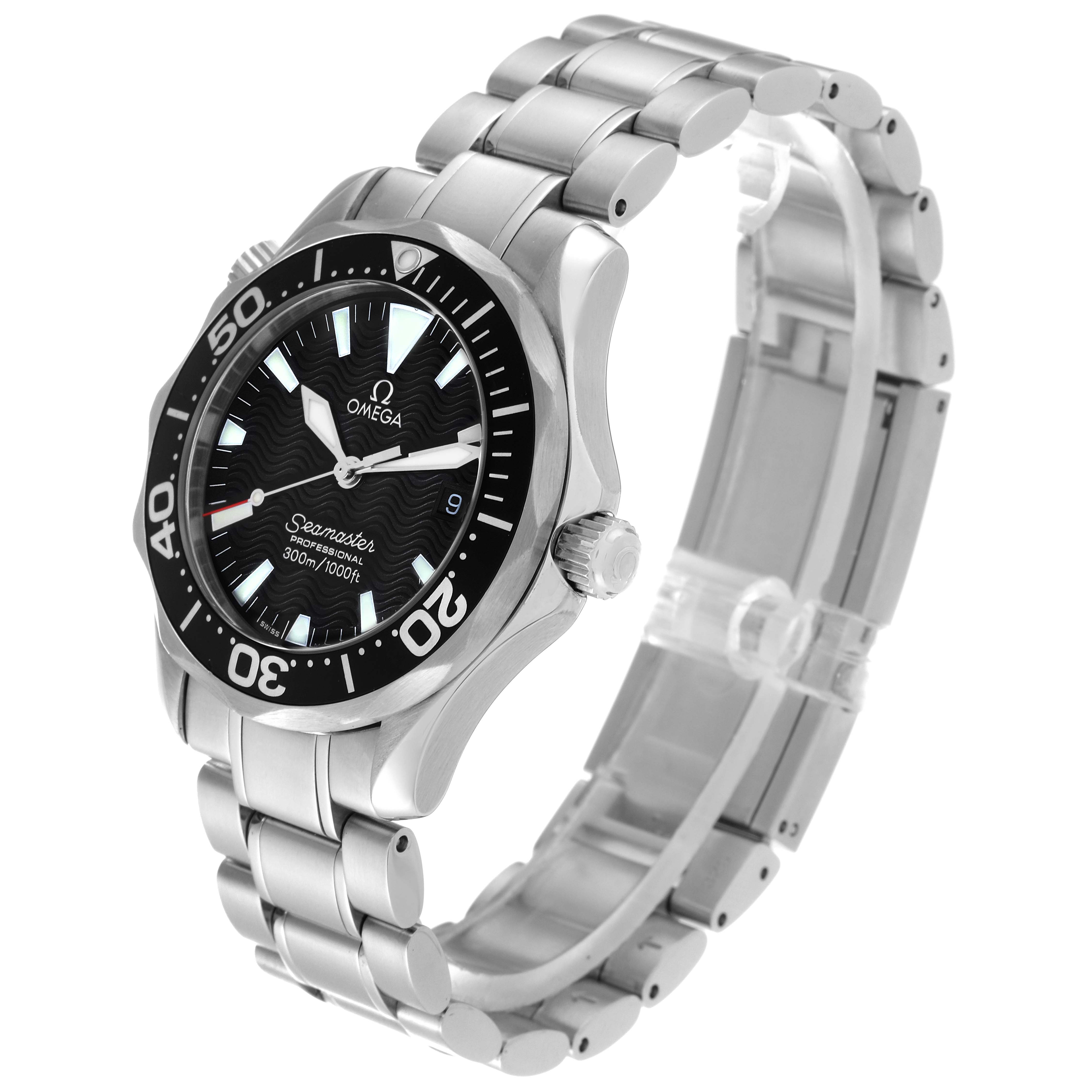 The Omega Seamaster 2262.50.00 Men
s Stainless Steel Black Dial 2262.50.00 Men
s Stainless Steel Black Dial watch is shown at an angled view, highlighting its bezel, dial, hands, crown, and metal bracelet.