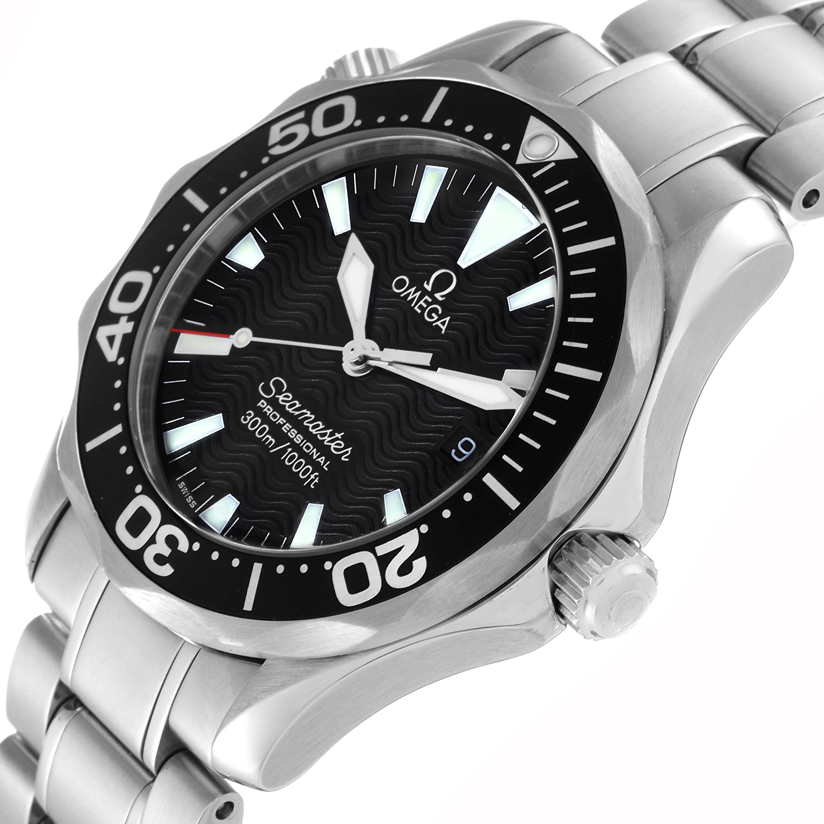 The image shows an Omega Seamaster 2262.50.00 Men
s Stainless Steel Black Dial 2262.50.00 Men
s Stainless Steel Black Dial watch at a tilted angle, highlighting the face, bezel, and bracelet.