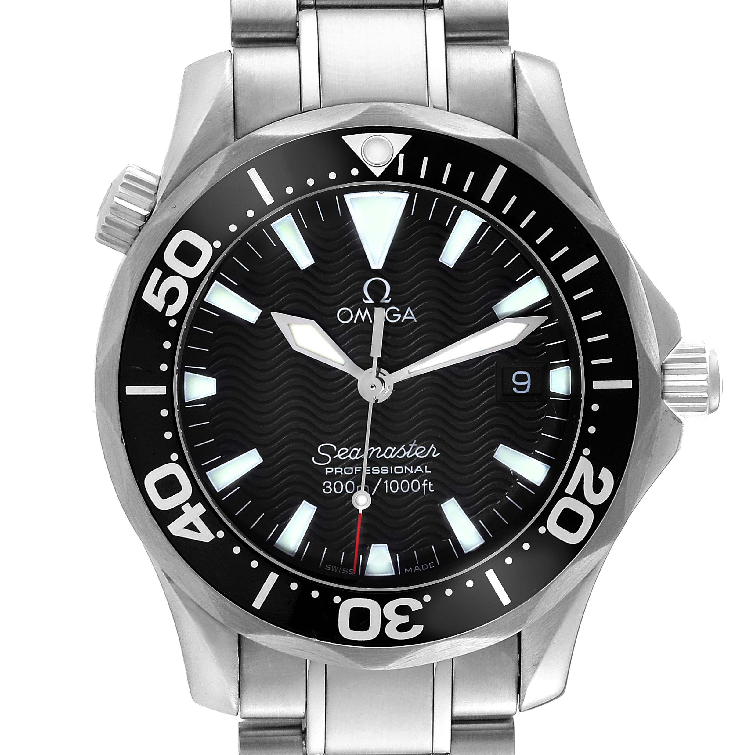 The Omega Seamaster 2262.50.00 Men
s Stainless Steel Black Dial 2262.50.00 Men
s Stainless Steel Black Dial watch is shown from the front, displaying its bezel, dial, and bracelet.
