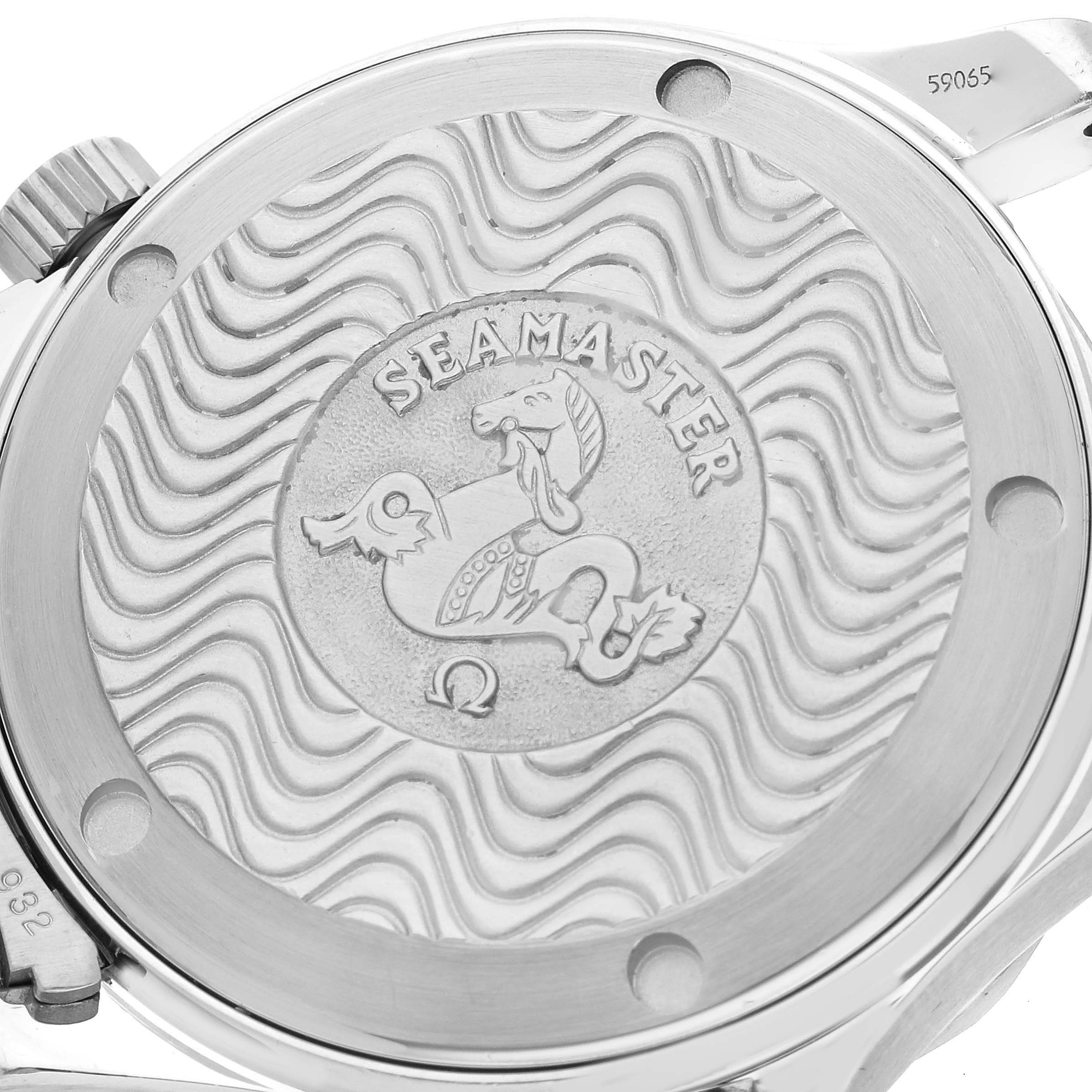 The image shows the case back of the Omega Seamaster 2262.50.00 Men
s Stainless Steel Black Dial 2262.50.00 Men
s Stainless Steel Black Dial watch, featuring a wave pattern and the Seamaster logo.