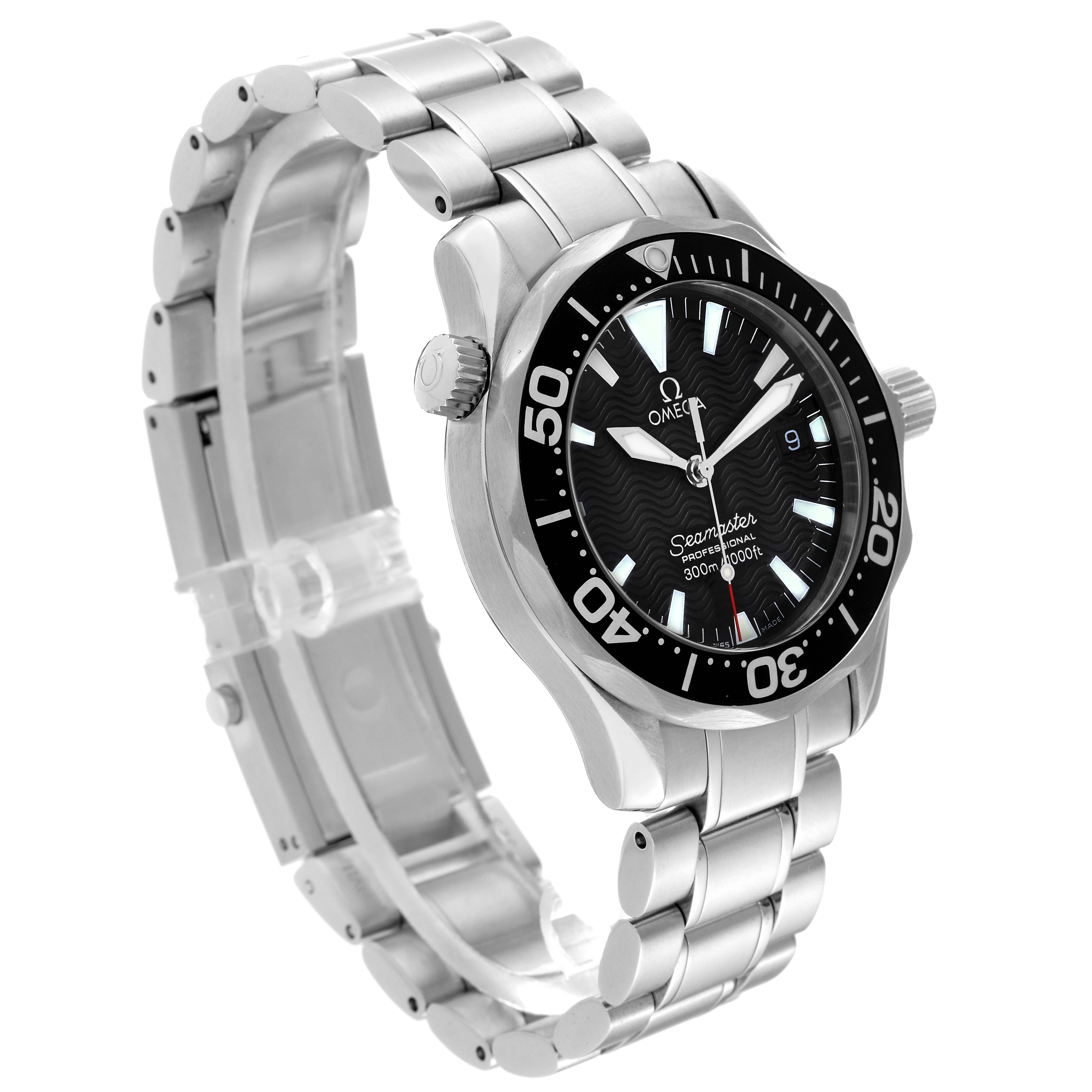 The Omega Seamaster 2262.50.00 Men
s Stainless Steel Black Dial 2262.50.00 Men
s Stainless Steel Black Dial watch is shown at a 3/4 angle focusing on the dial, bezel, crown, and stainless steel bracelet.