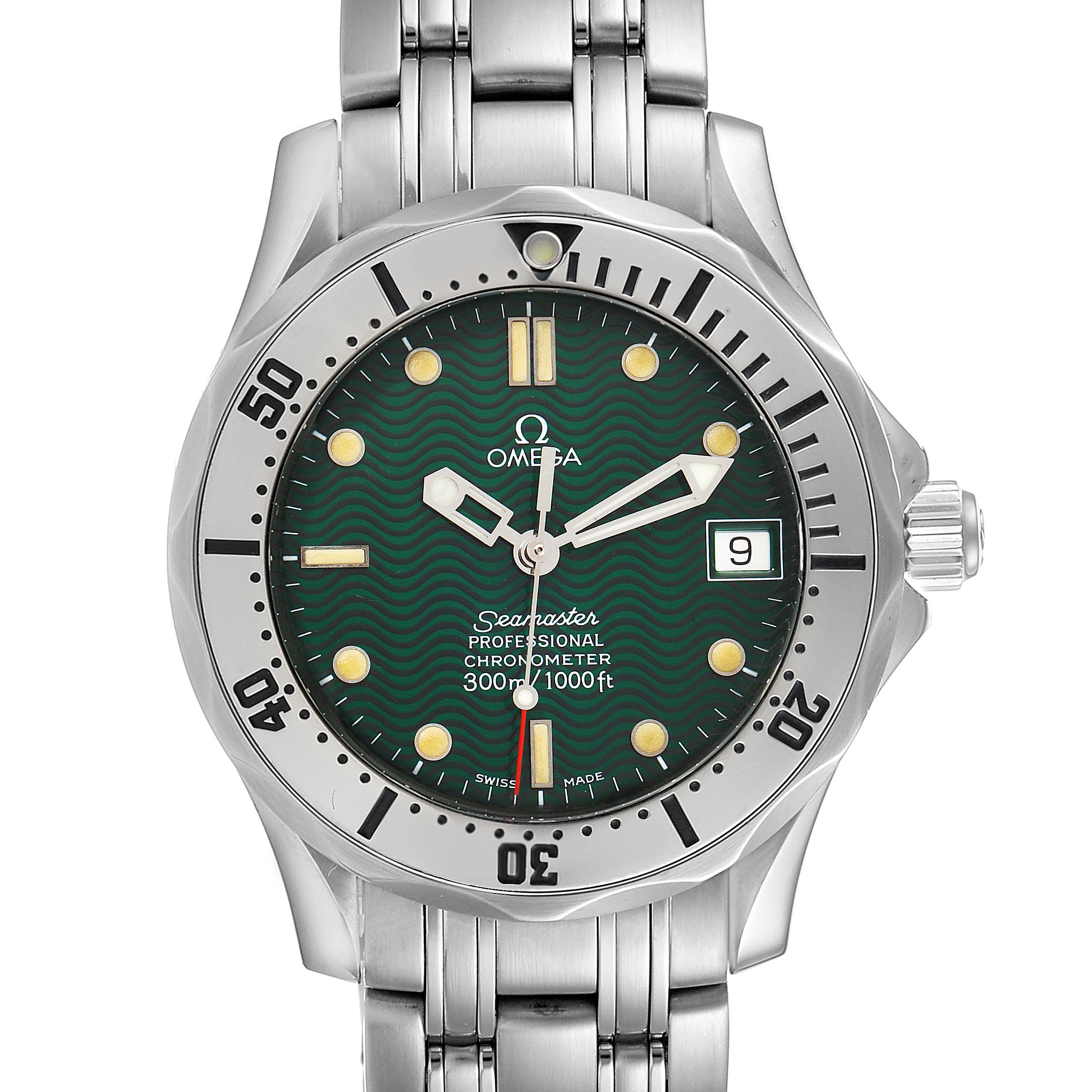 The Omega Seamaster 2553.41.00 Men's Stainless Steel Green Dial 2553.41.00 Men's Stainless Steel Green Dial watch is shown from a top-down angle, highlighting the face, bezel, and part of the band.