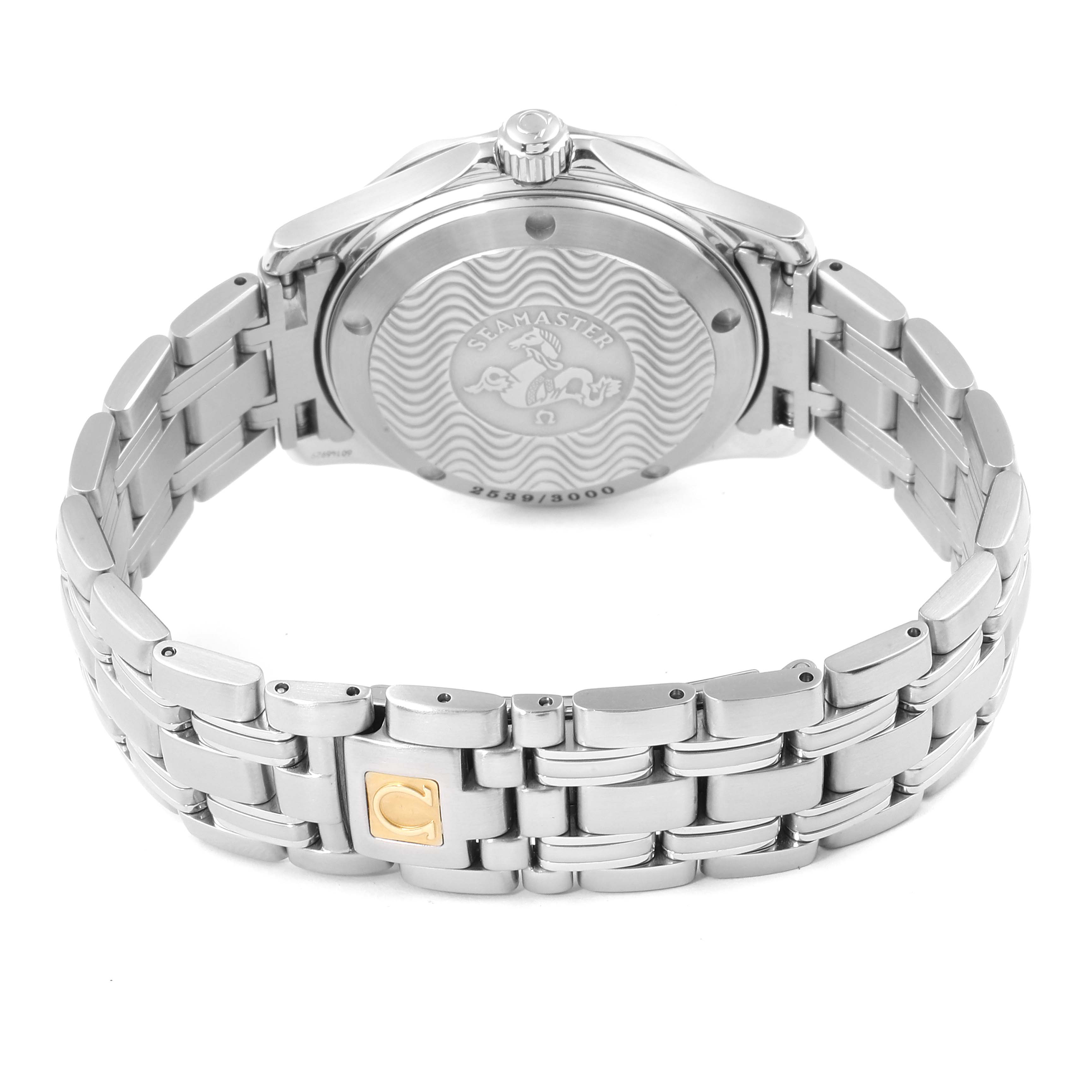 The image shows the back case, crown, and bracelet of the Omega Seamaster 2553.41.00 Men's Stainless Steel Green Dial 2553.41.00 Men's Stainless Steel Green Dial watch.