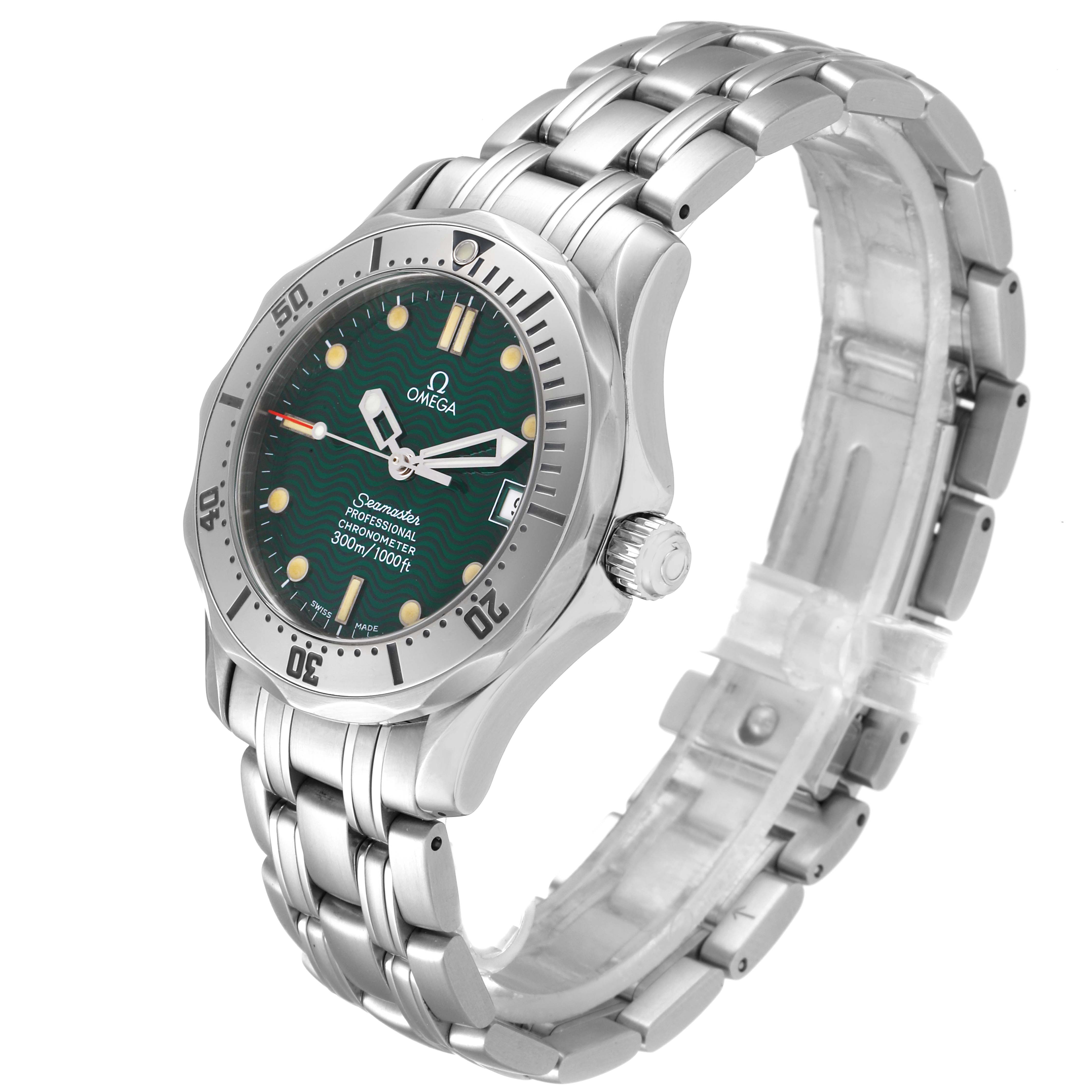 The image shows an angled view of an Omega Seamaster 2553.41.00 Men's Stainless Steel Green Dial 2553.41.00 Men's Stainless Steel Green Dial watch, highlighting its face, bezel, crown, and metal bracelet.
