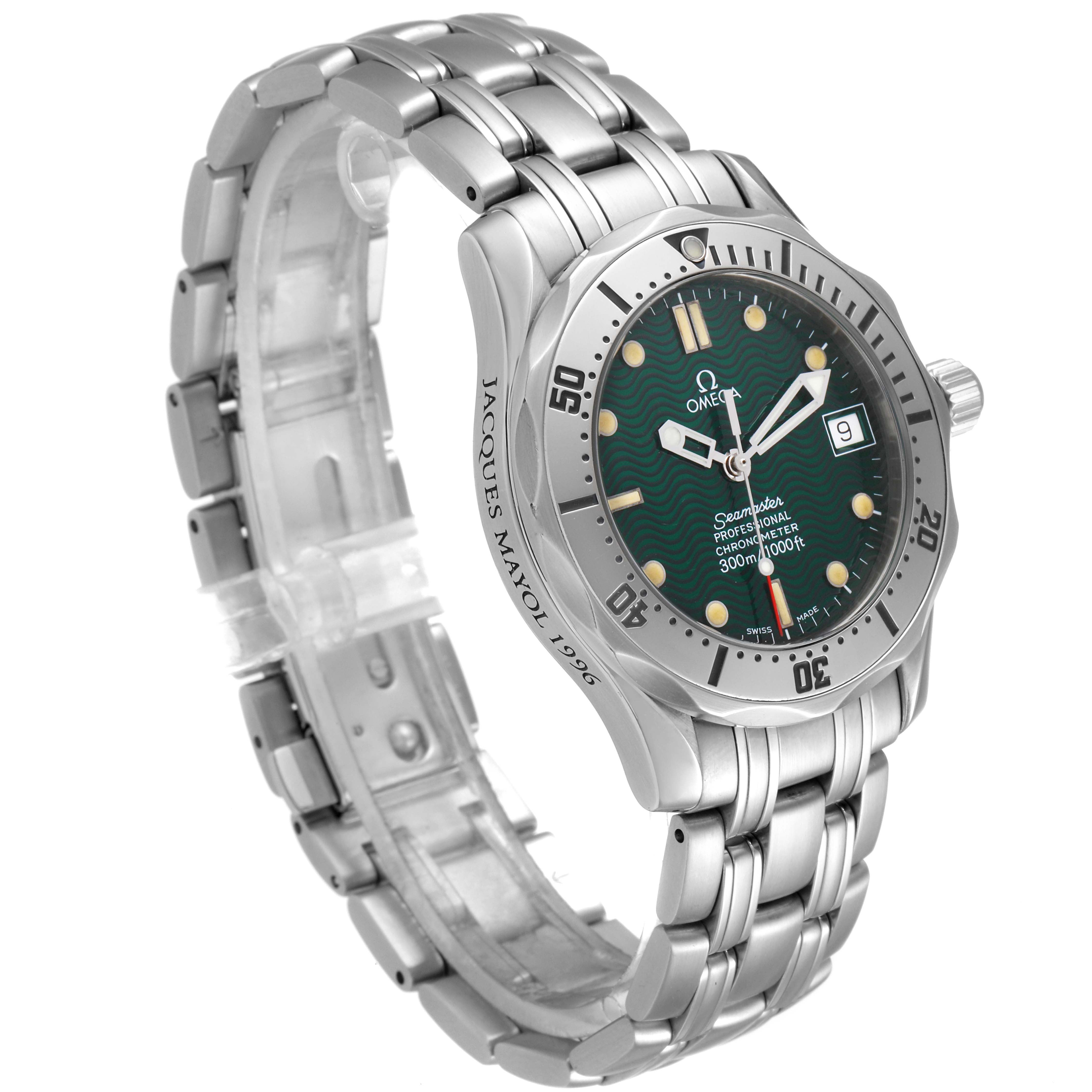 The Omega Seamaster 2553.41.00 Men's Stainless Steel Green Dial 2553.41.00 Men's Stainless Steel Green Dial watch is shown at a three-quarter angle, highlighting its face, bezel, and metal bracelet.