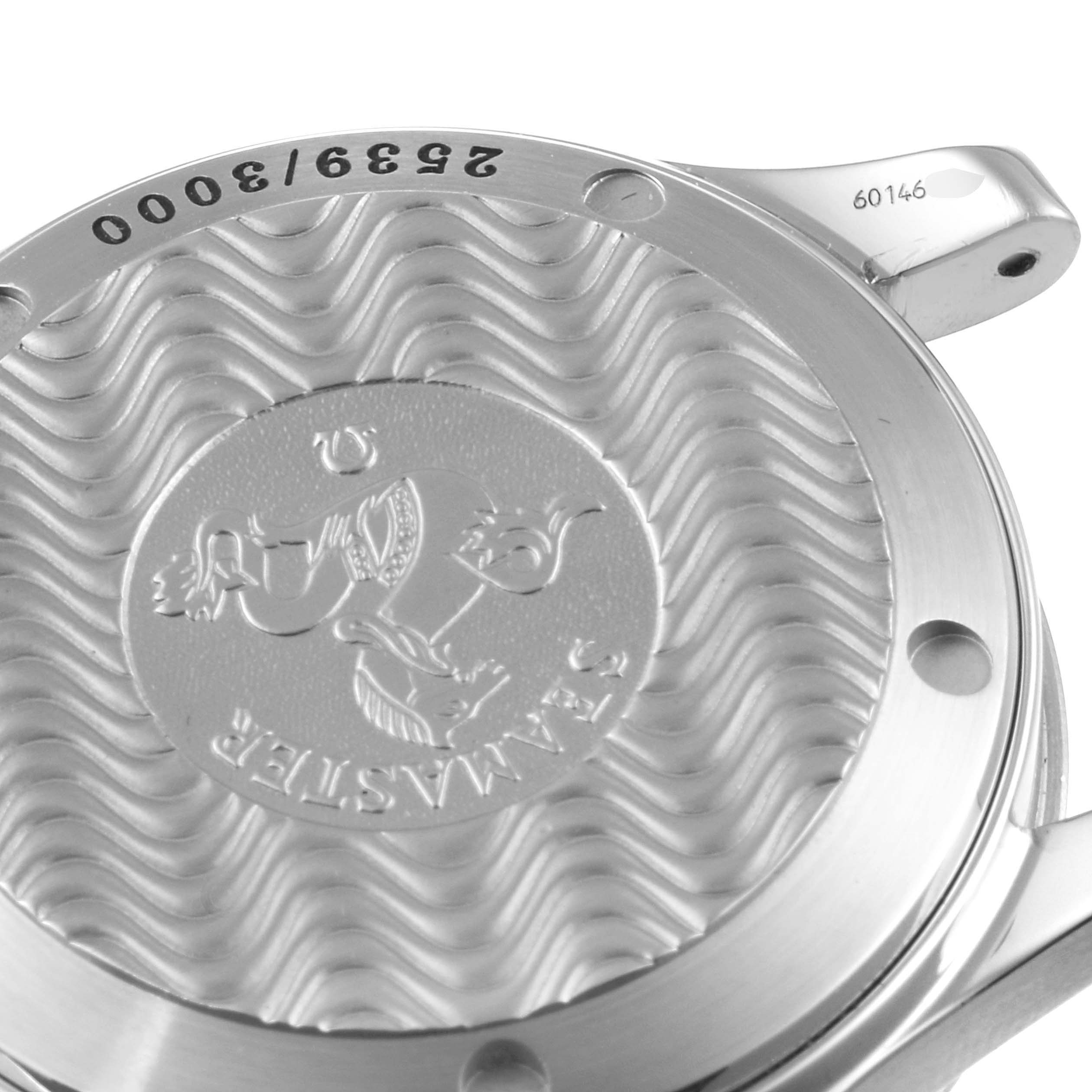 This image shows the back and lugs of an Omega Seamaster 2553.41.00 Men's Stainless Steel Green Dial 2553.41.00 Men's Stainless Steel Green Dial watch, featuring its engraved emblem and serial number.