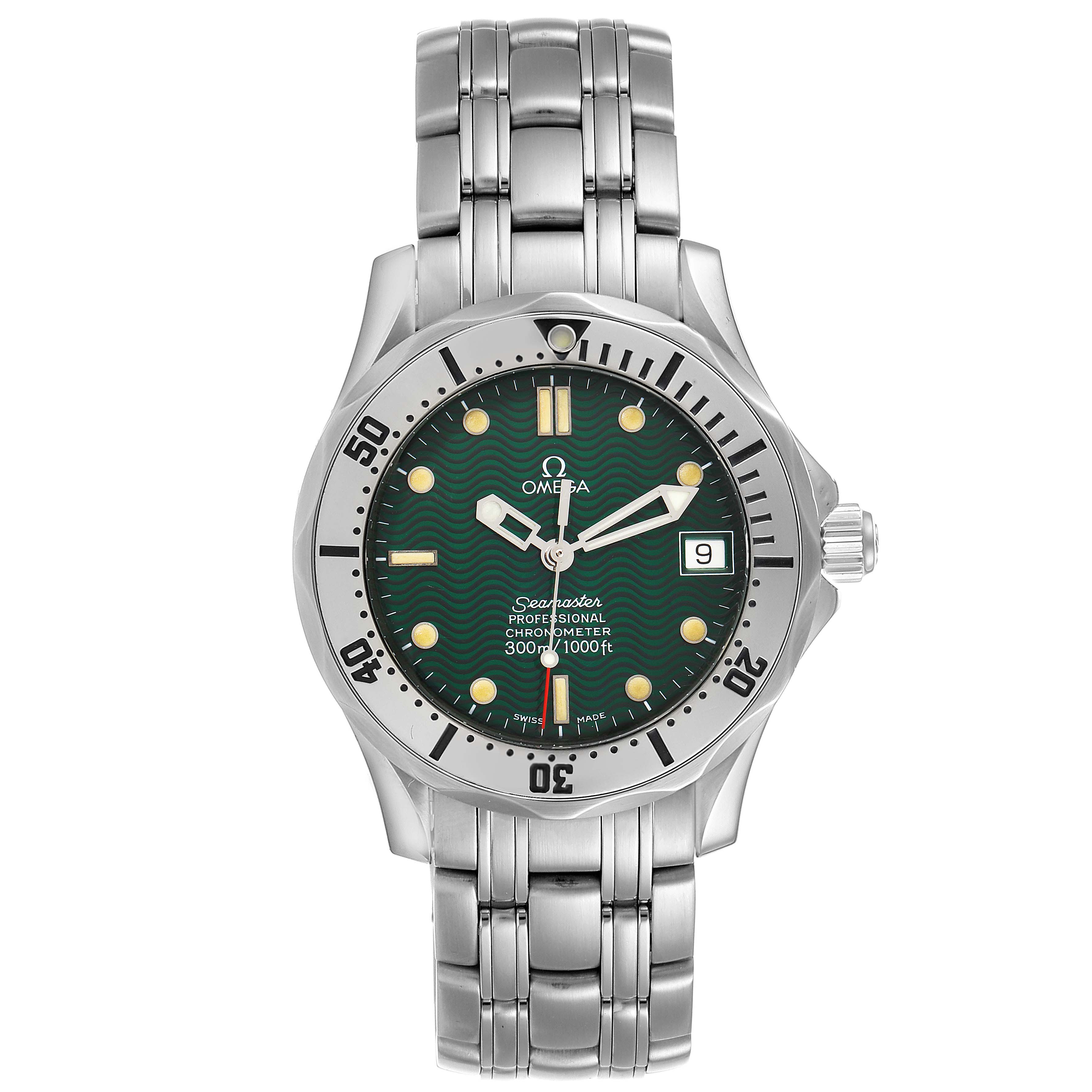 The image shows a front view of the Omega Seamaster 2553.41.00 Men's Stainless Steel Green Dial 2553.41.00 Men's Stainless Steel Green Dial watch, highlighting its dial, bezel, and metal bracelet.