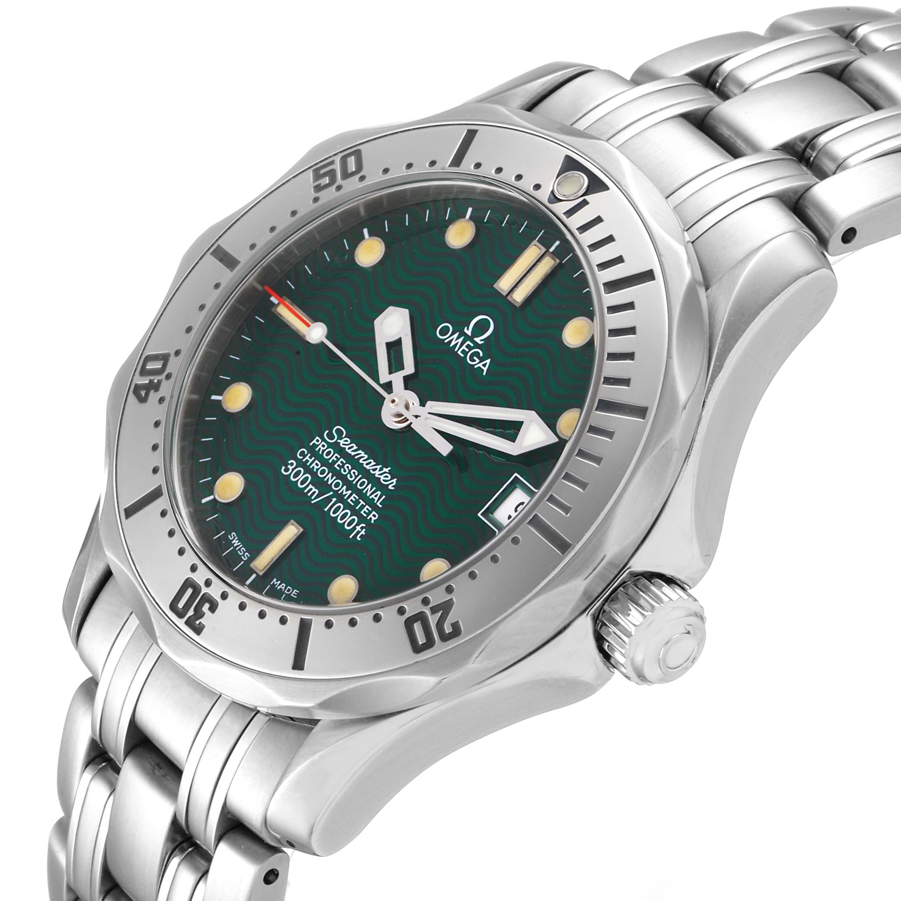 The image shows a close-up angle of an Omega Seamaster 2553.41.00 Men's Stainless Steel Green Dial 2553.41.00 Men's Stainless Steel Green Dial watch, highlighting its dial, bezel, case, and part of the bracelet.