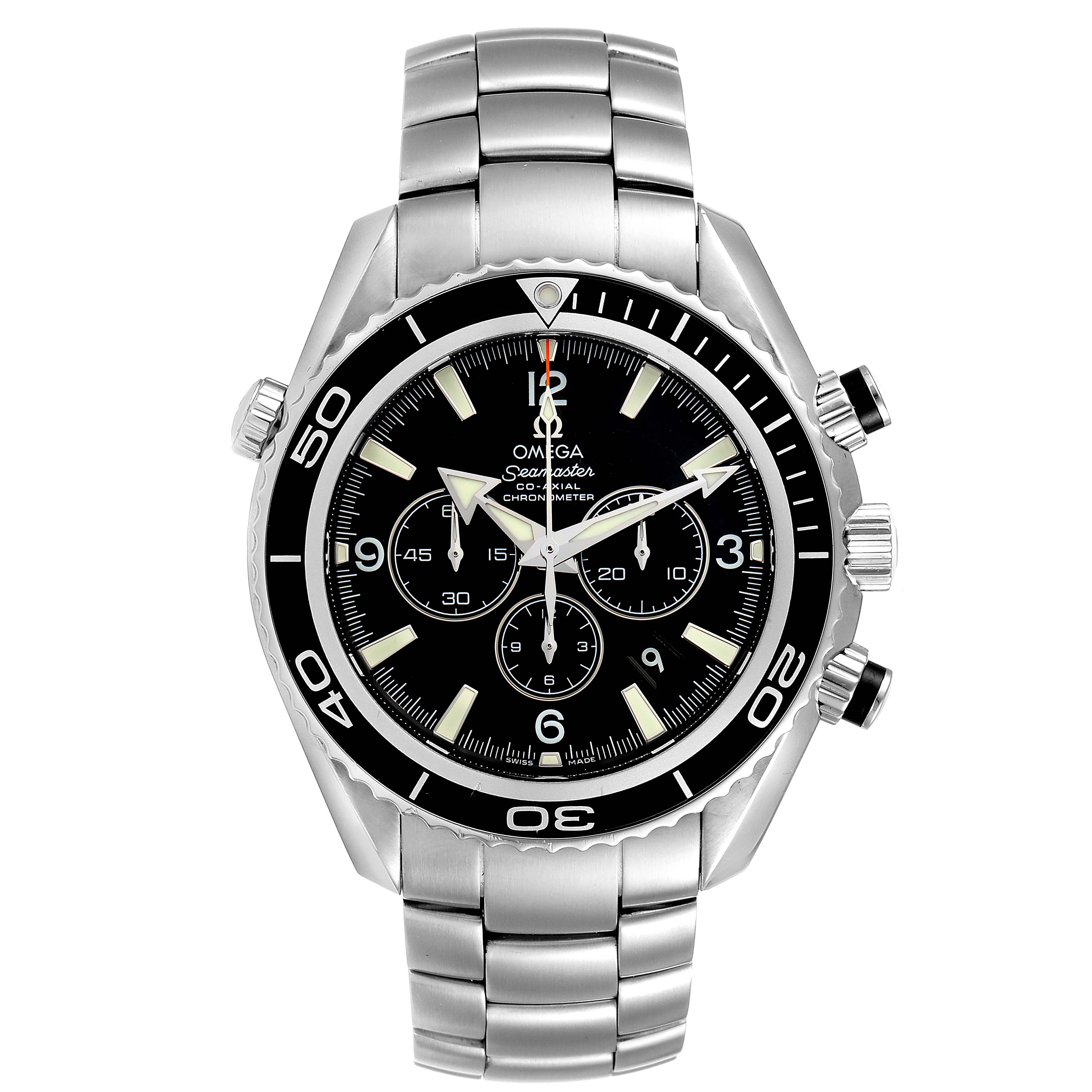 The image shows a front view of an Omega Planet Ocean 2210.50.00 Men
s Stainless Steel Black Dial 2210.50.00 Men
s Stainless Steel Black Dial model watch, including its bezel, dial, and bracelet.