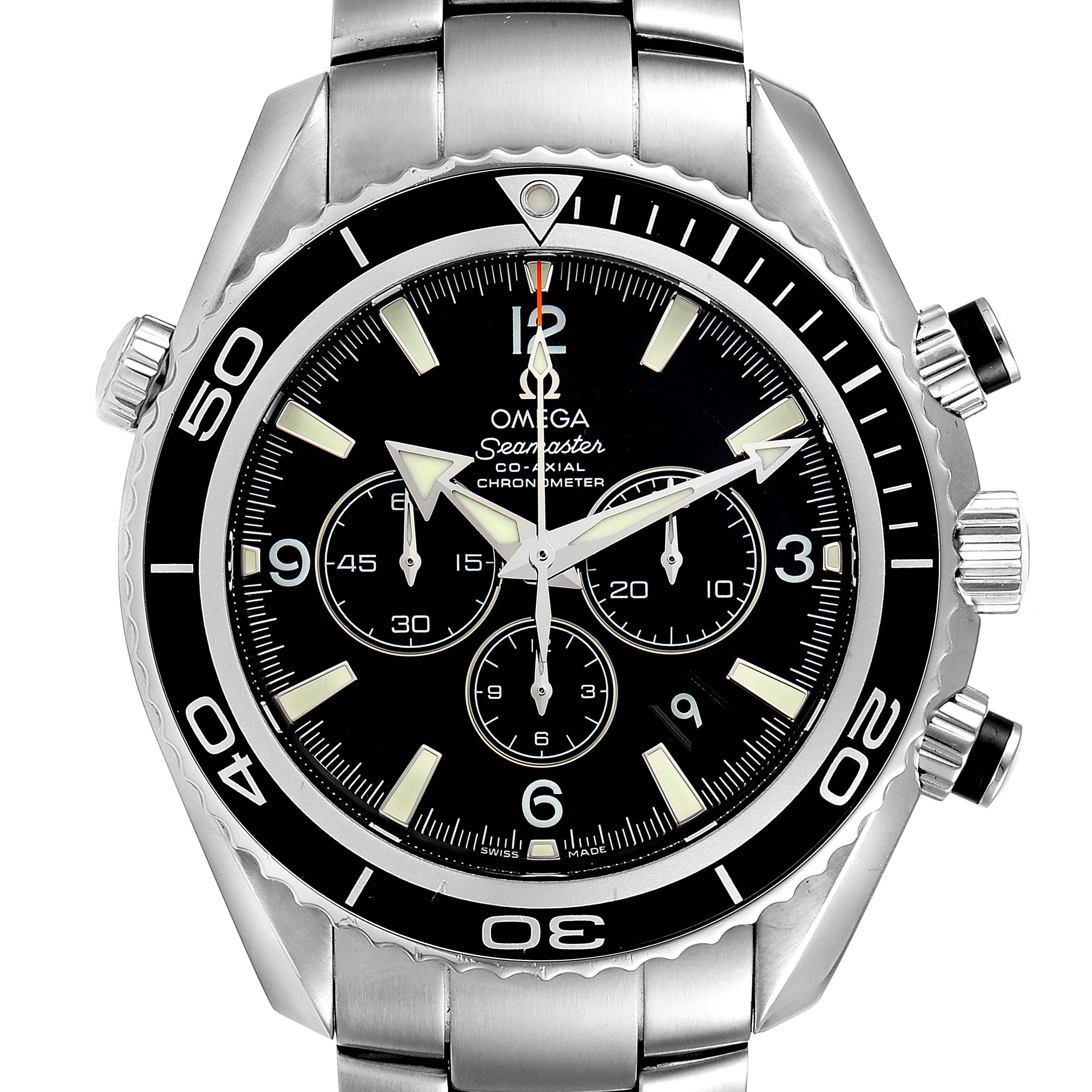 The image shows a front view of the Omega Seamaster Planet Ocean watch, highlighting the face, bezel, and stainless steel bracelet.