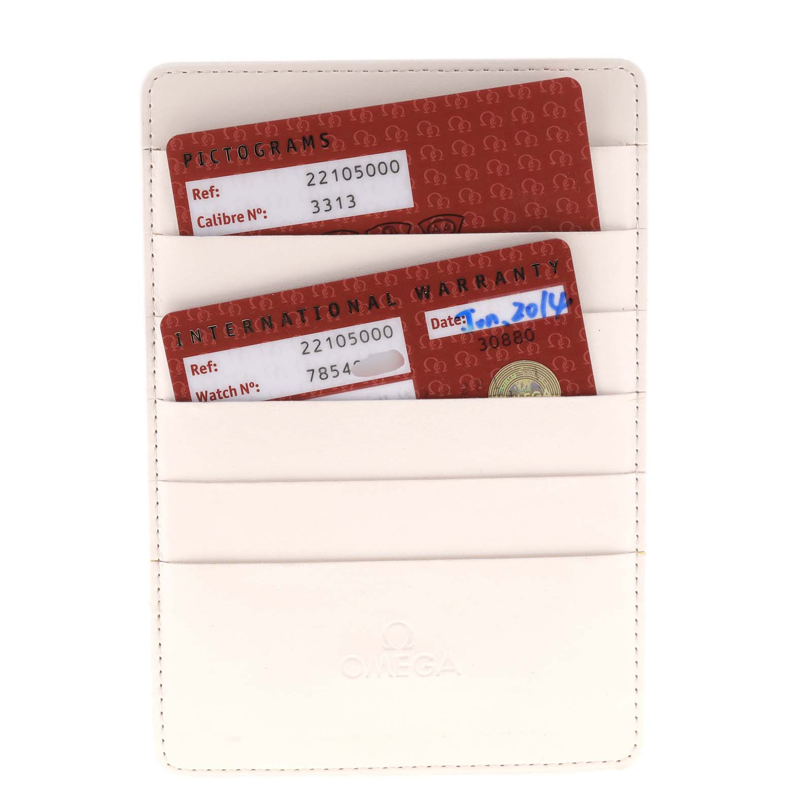 This image shows the warranty and pictograms cards for the Omega Planet Ocean 2210.50.00 Men
s Stainless Steel Black Dial 2210.50.00 Men
s Stainless Steel Black Dial model, kept in a white cardholder.