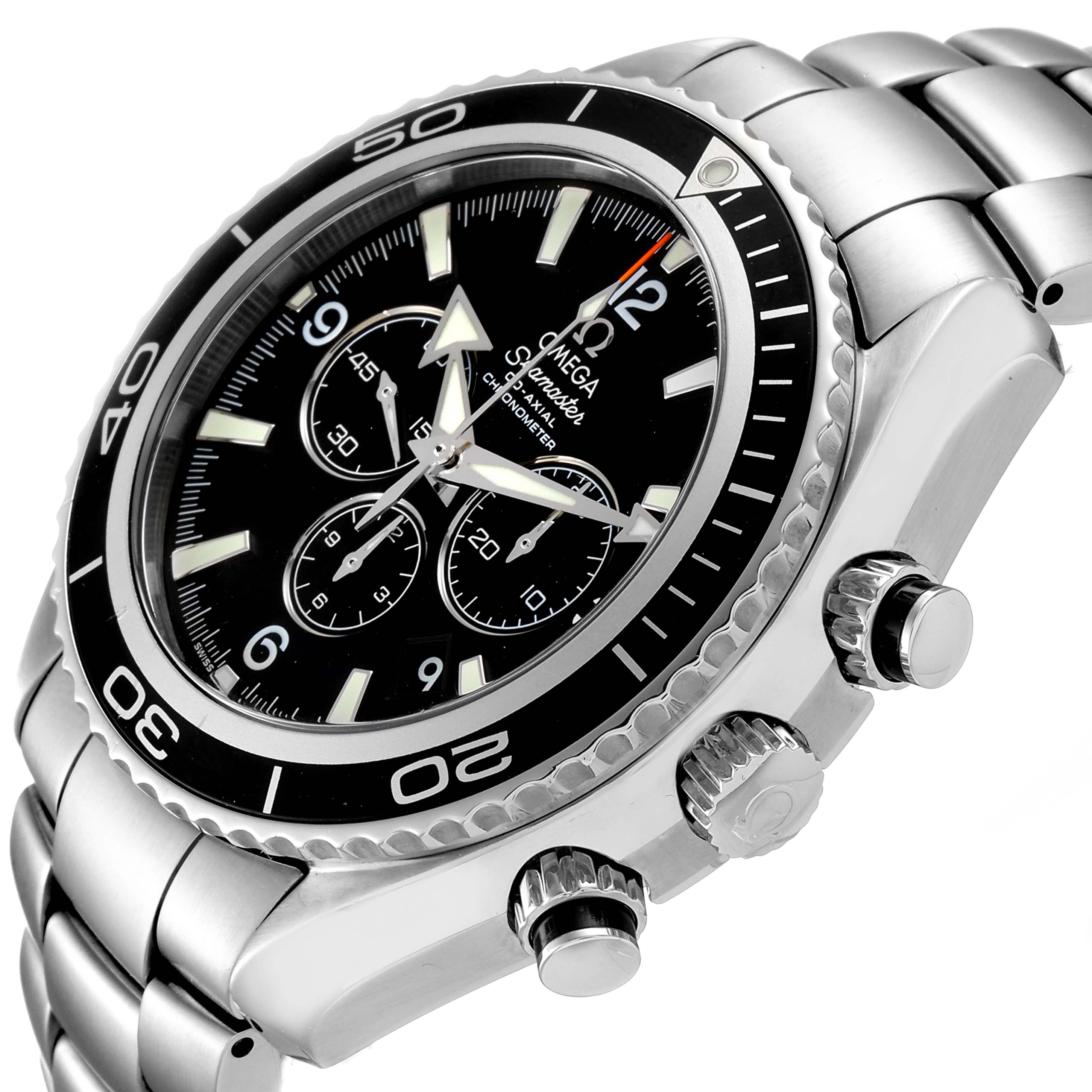 This image shows the Omega Planet Ocean 2210.50.00 Men
s Stainless Steel Black Dial 2210.50.00 Men
s Stainless Steel Black Dial watch at an oblique angle, highlighting the dial, bezel, crown, and bracelet.
