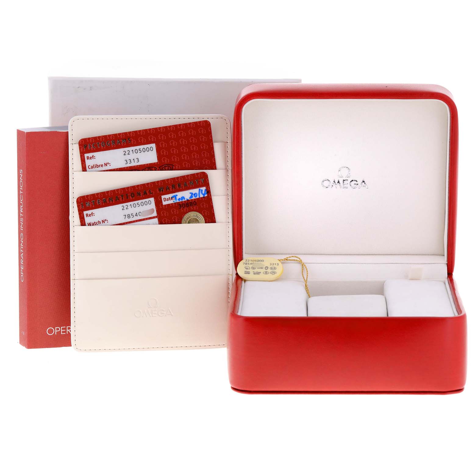 The image shows the watch box, warranty cards, manual, and storage case for an Omega Planet Ocean 2210.50.00 Men
s Stainless Steel Black Dial 2210.50.00 Men
s Stainless Steel Black Dial model.