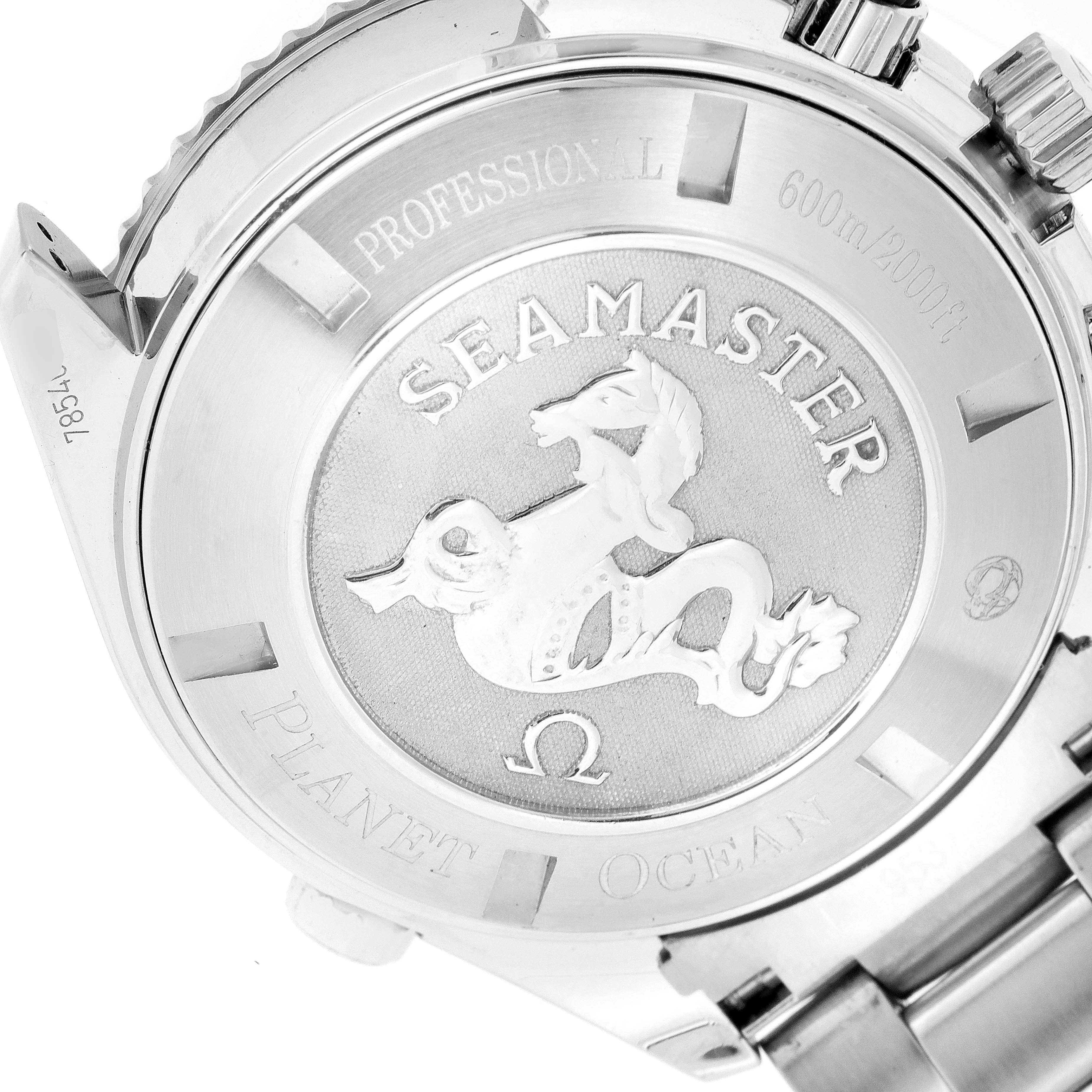This image shows the case back of the Omega Planet Ocean 2210.50.00 Men
s Stainless Steel Black Dial 2210.50.00 Men
s Stainless Steel Black Dial watch, displaying the "Seamaster" engraving and seahorse logo.