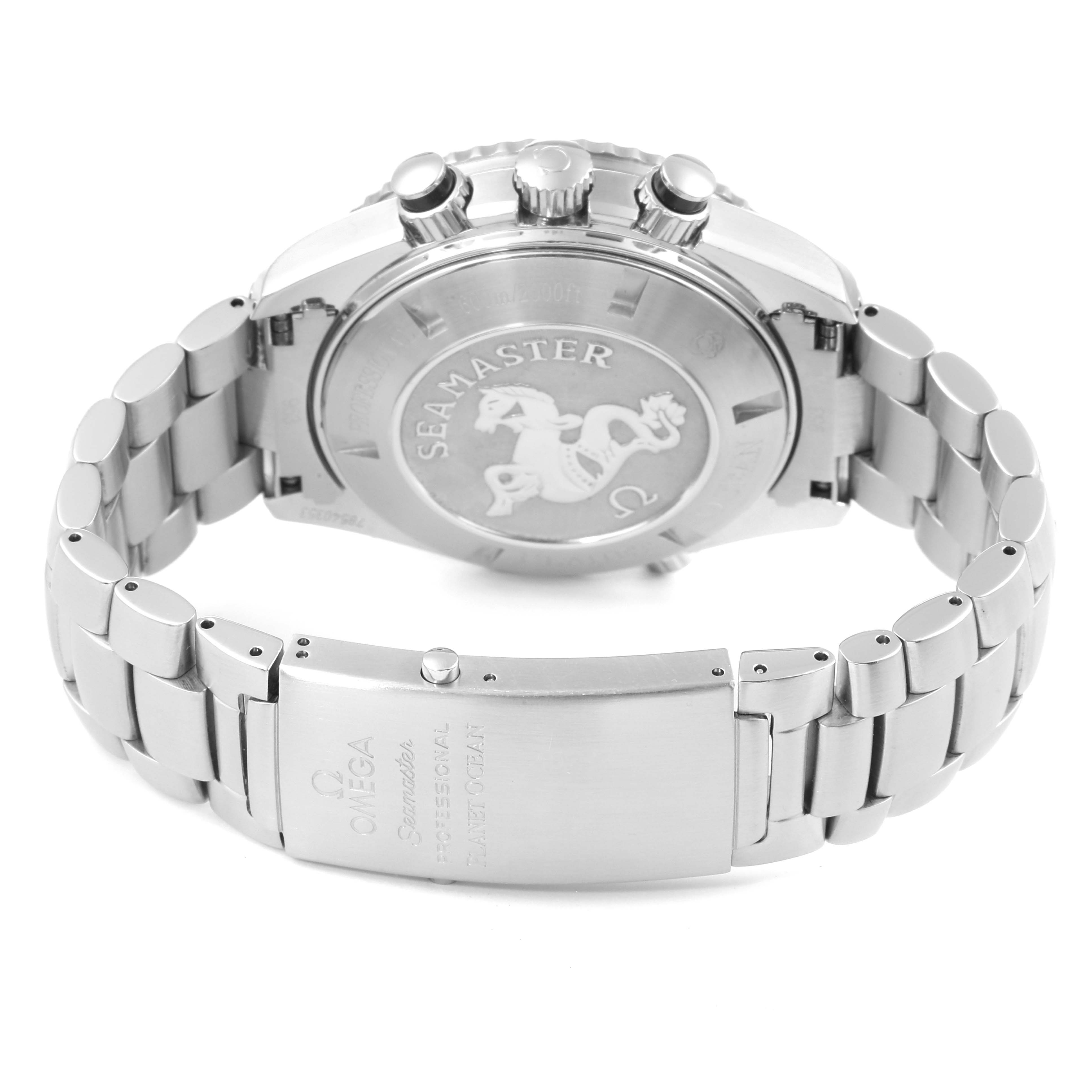 The image shows a rear angle of the Omega Seamaster Planet Ocean, highlighting the case back and metal bracelet.