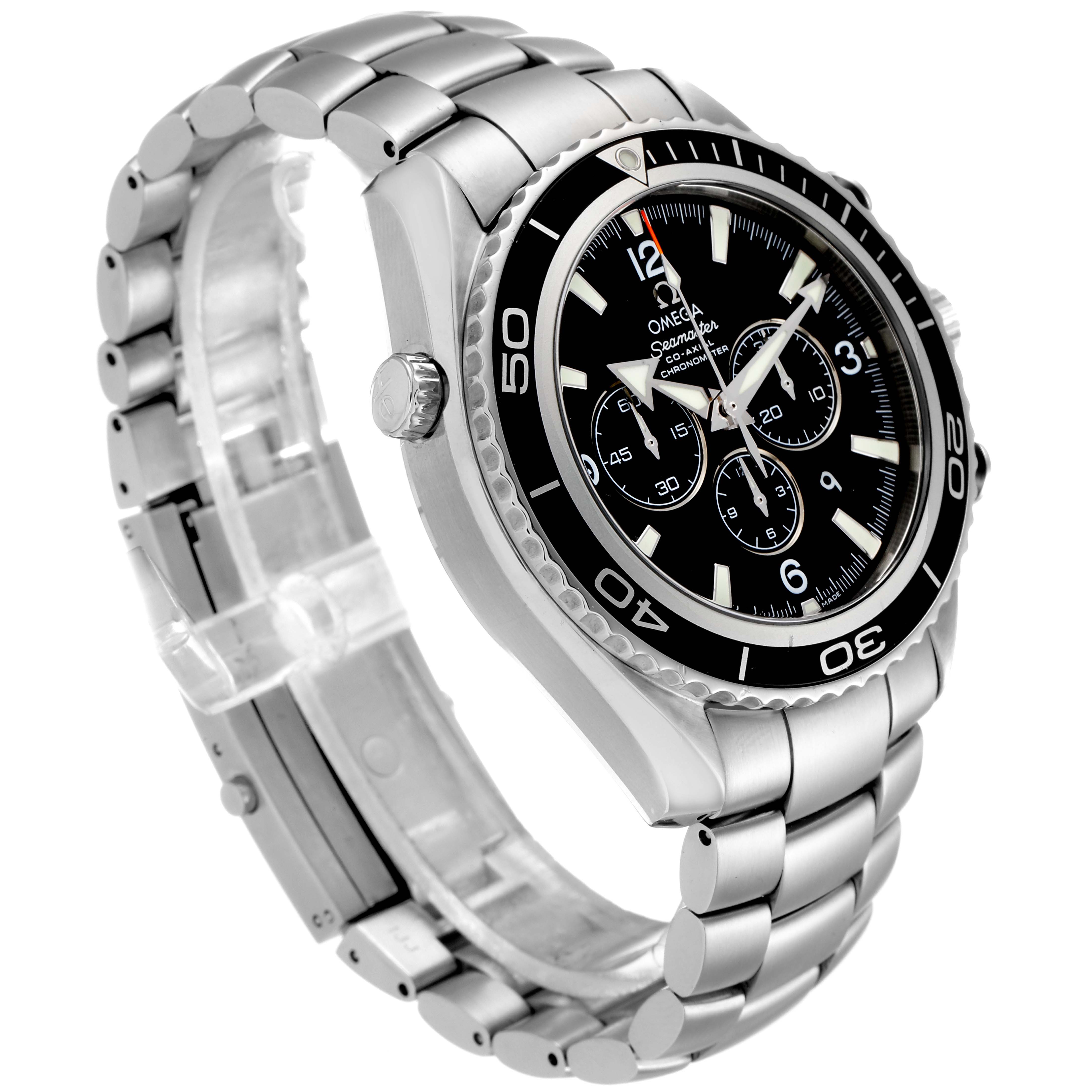 The Omega Planet Ocean 2210.50.00 Men
s Stainless Steel Black Dial 2210.50.00 Men
s Stainless Steel Black Dial watch is shown at a 3/4 angle, highlighting the face, bezel, crown, and metal bracelet.