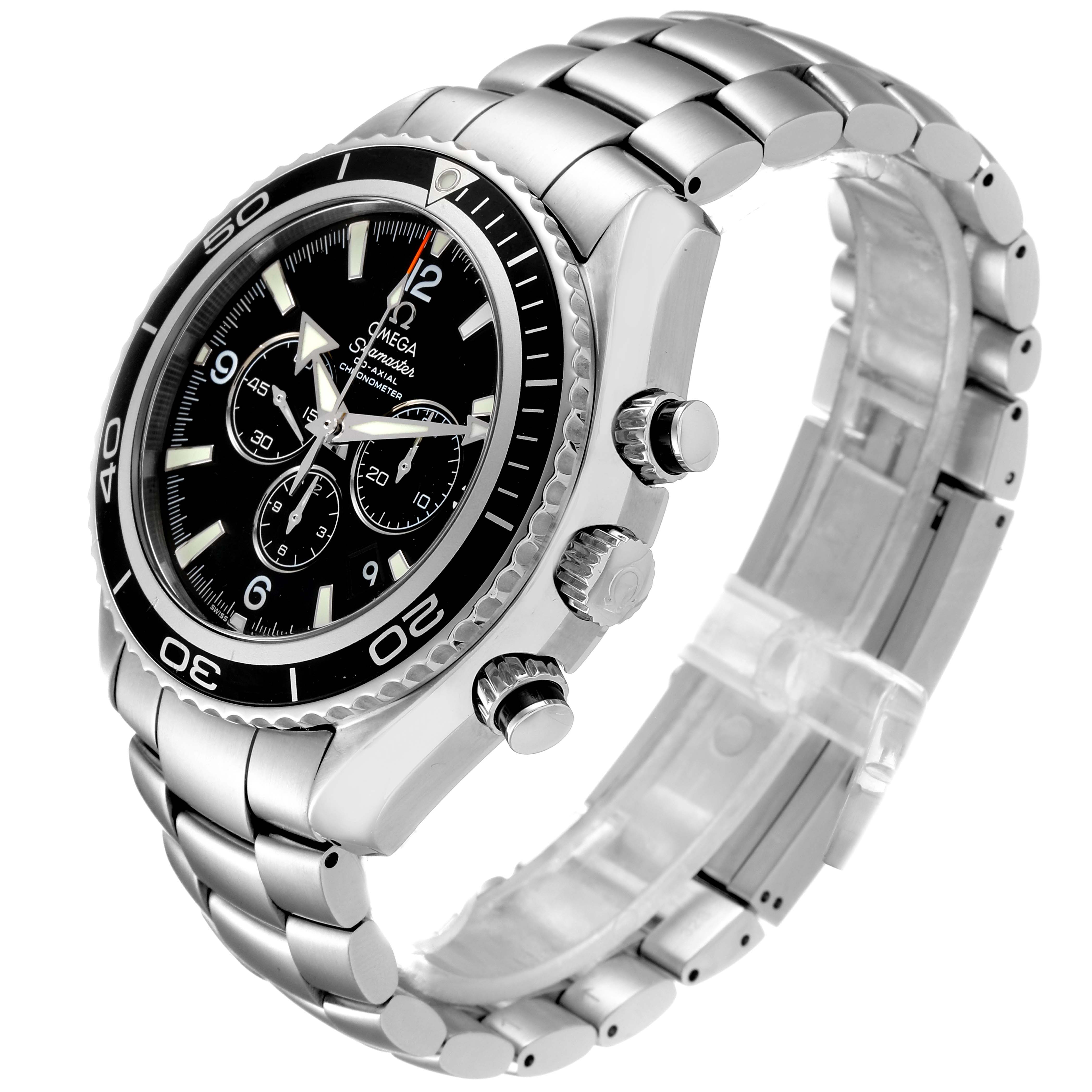 The image shows an Omega Planet Ocean 2210.50.00 Men
s Stainless Steel Black Dial 2210.50.00 Men
s Stainless Steel Black Dial watch at a slight high-angle, highlighting the face, bezel, crown, and metal bracelet.