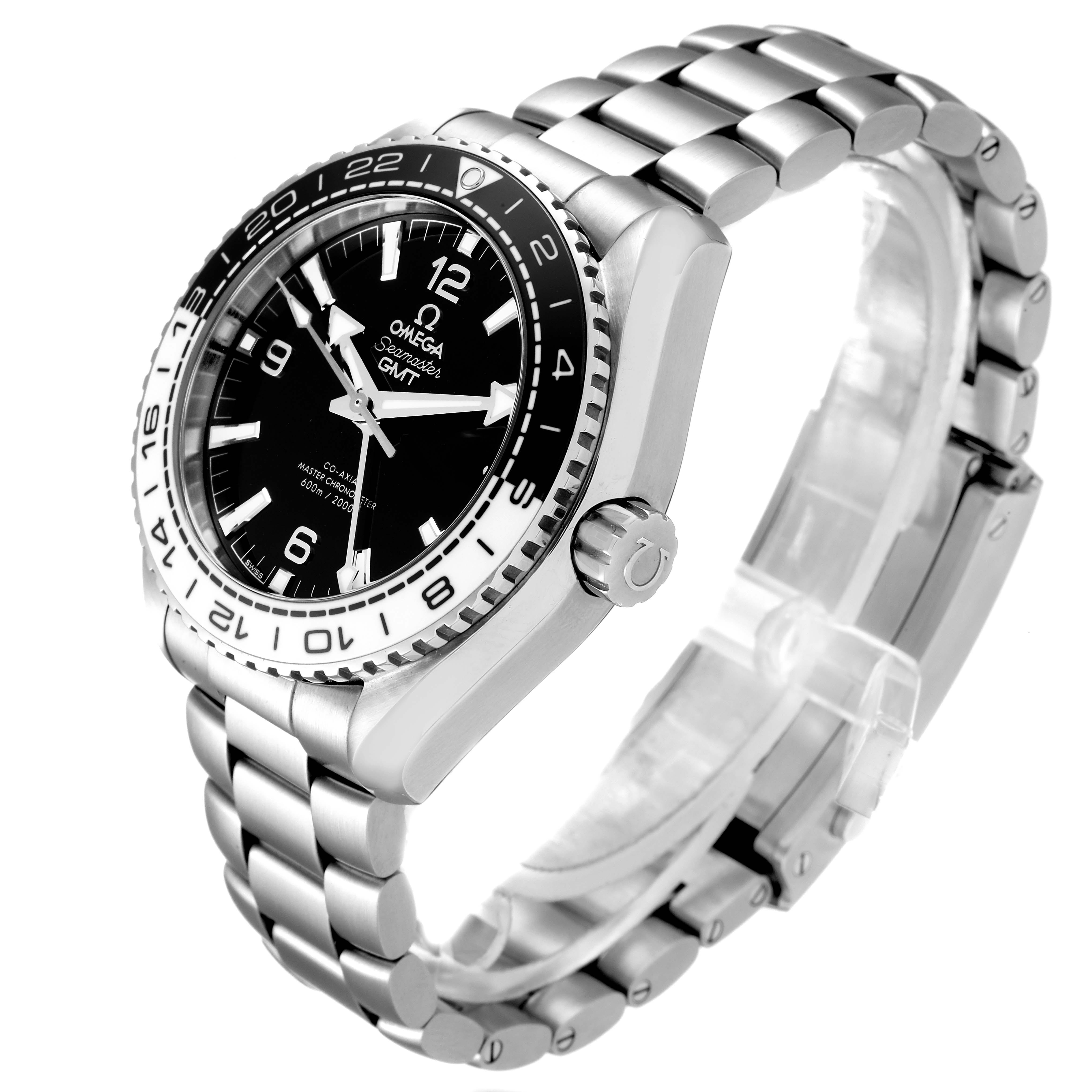 The Omega Seamaster 215.30.44.22.03.001 Men
s Stainless Steel Black Dial 215.30.44.22.03.001 Men
s Stainless Steel Black Dial watch is shown from an angled side view, featuring the bezel, crown, dial, and stainless steel bracelet.