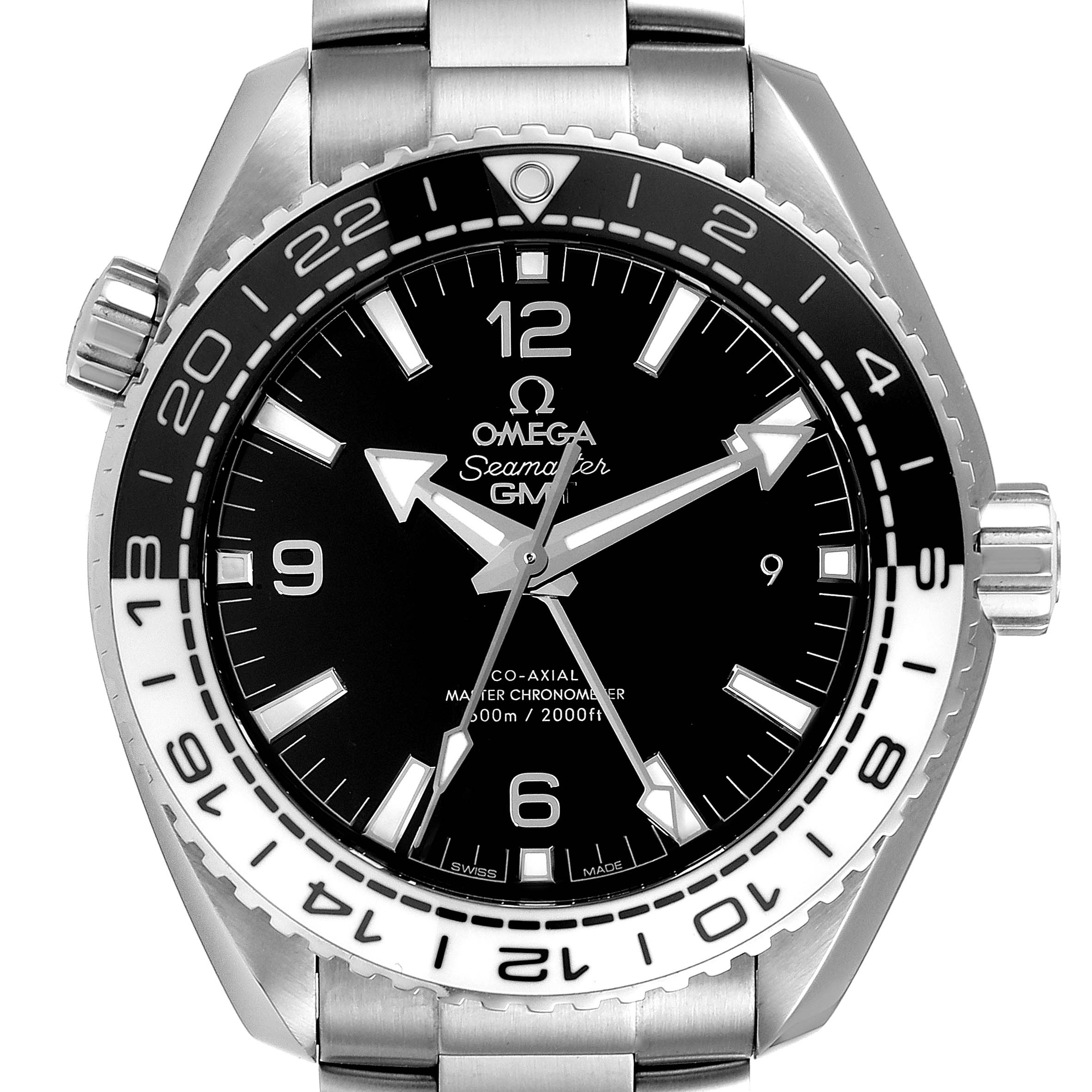 The image shows a close-up, front view of an Omega Seamaster 215.30.44.22.03.001 Men
s Stainless Steel Black Dial 215.30.44.22.03.001 Men
s Stainless Steel Black Dial watch, highlighting the dial, bezel, and part of the bracelet.