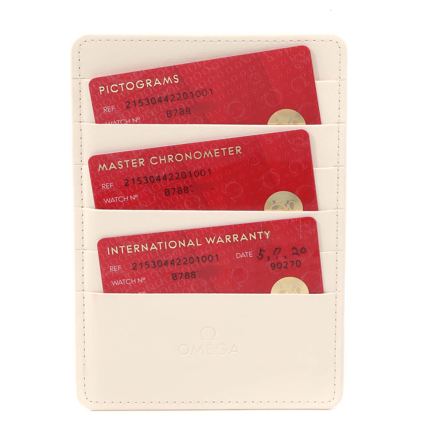 The image shows three red cards in a white holder for an Omega Seamaster 215.30.44.22.03.001 Men
s Stainless Steel Black Dial 215.30.44.22.03.001 Men
s Stainless Steel Black Dial watch: Pictograms, Master Chronometer, and International Warranty.