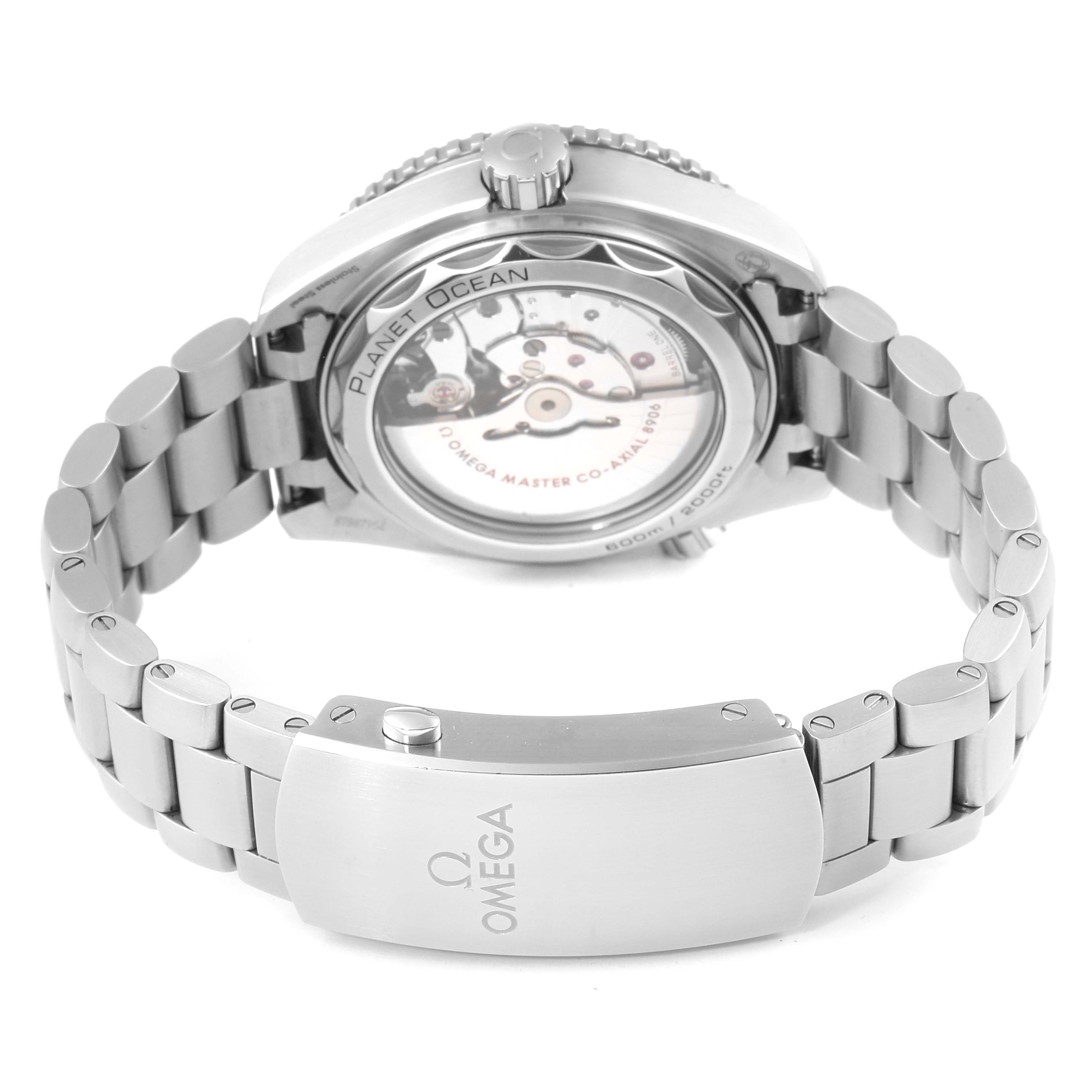 Image shows the back of the Omega Seamaster 215.30.44.22.03.001 Men
s Stainless Steel Black Dial 215.30.44.22.03.001 Men
s Stainless Steel Black Dial watch, highlighting the case back, exhibition case, and stainless steel bracelet and clasp.