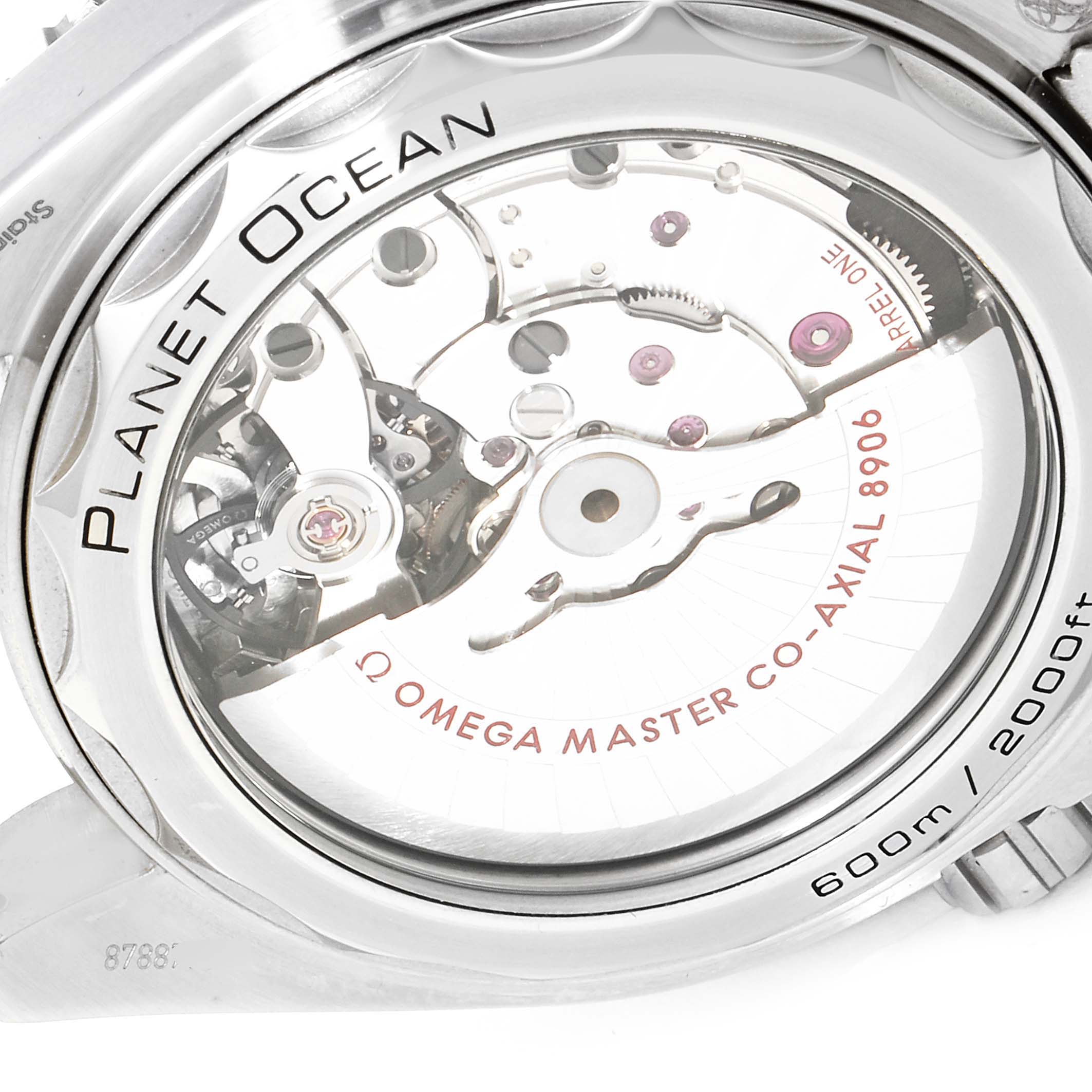 The image shows the case back of an Omega Seamaster 215.30.44.22.03.001 Men
s Stainless Steel Black Dial 215.30.44.22.03.001 Men
s Stainless Steel Black Dial Planet Ocean watch, highlighting the visible movement and inscriptions.