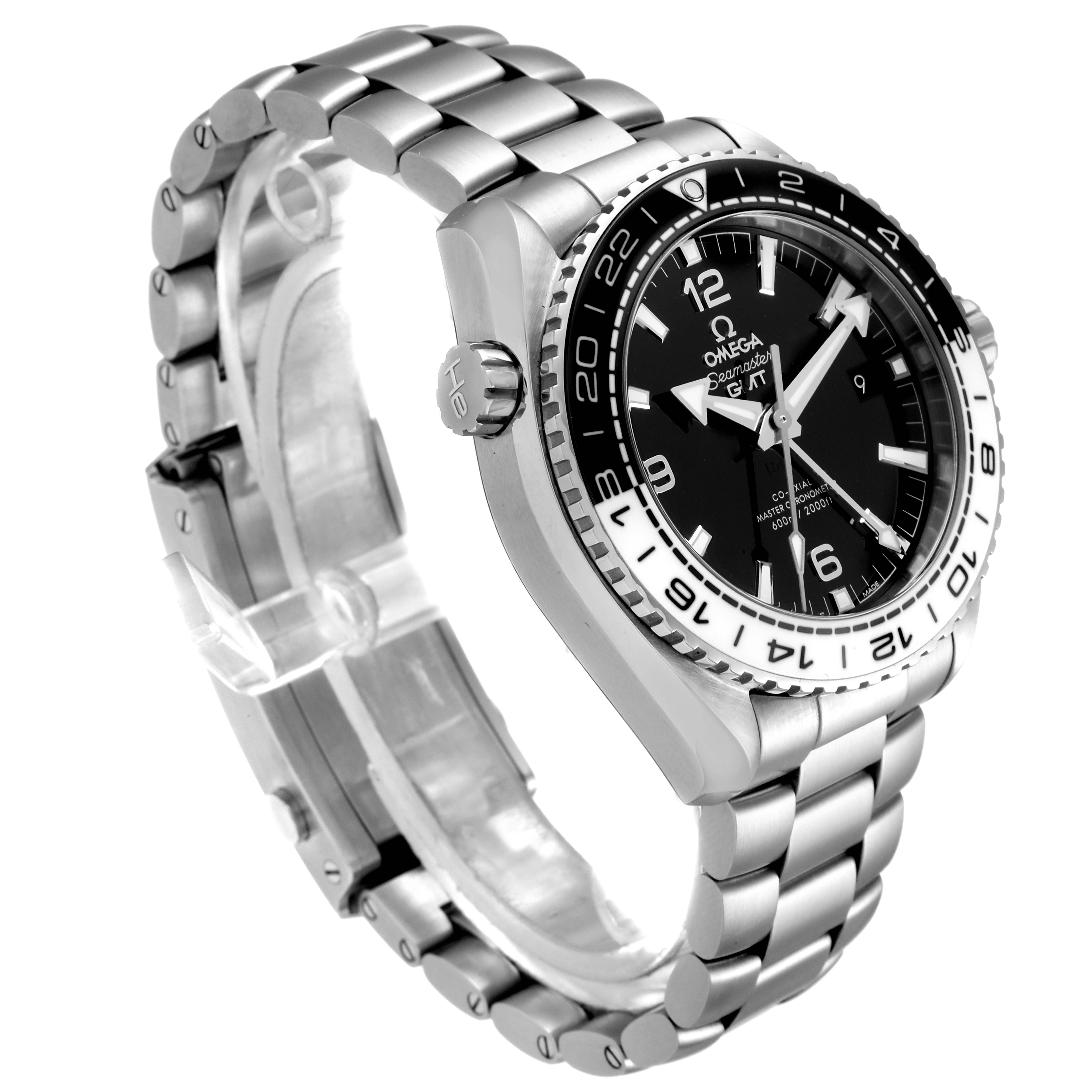 The Omega Seamaster 215.30.44.22.03.001 Men
s Stainless Steel Black Dial 215.30.44.22.03.001 Men
s Stainless Steel Black Dial watch is shown at an angle highlighting the dial, bezel, crown, and bracelet.