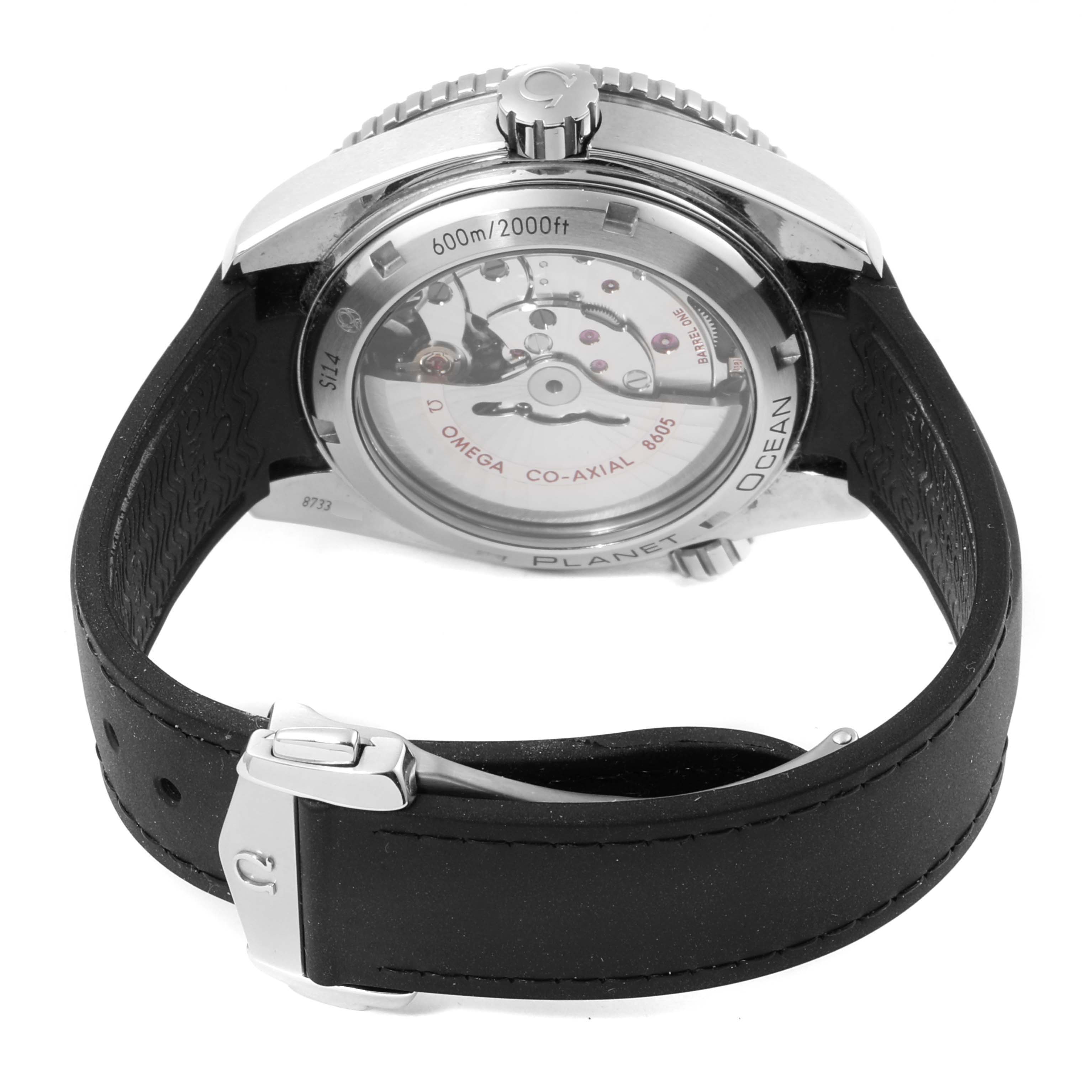 This image shows the back view of the Omega Planet Ocean 232.30.44.22.01.001 Men's Stainless Steel Black Dial 232.30.44.22.01.001 Men's Stainless Steel Black Dial watch, displaying its open case back and black strap.