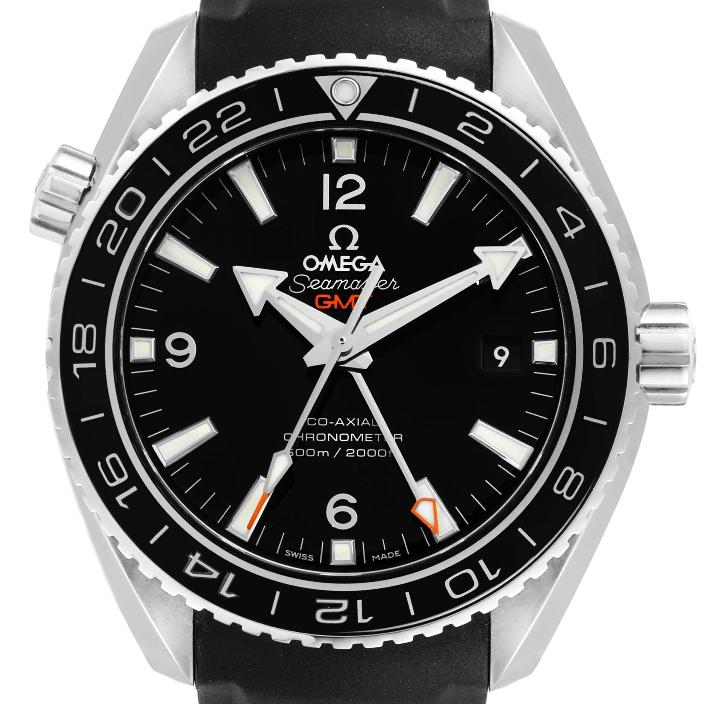 The image shows a front view of the Omega Planet Ocean 232.30.44.22.01.001 Men's Stainless Steel Black Dial 232.30.44.22.01.001 Men's Stainless Steel Black Dial Seamaster watch, focusing on its black dial, bezel, and hands.