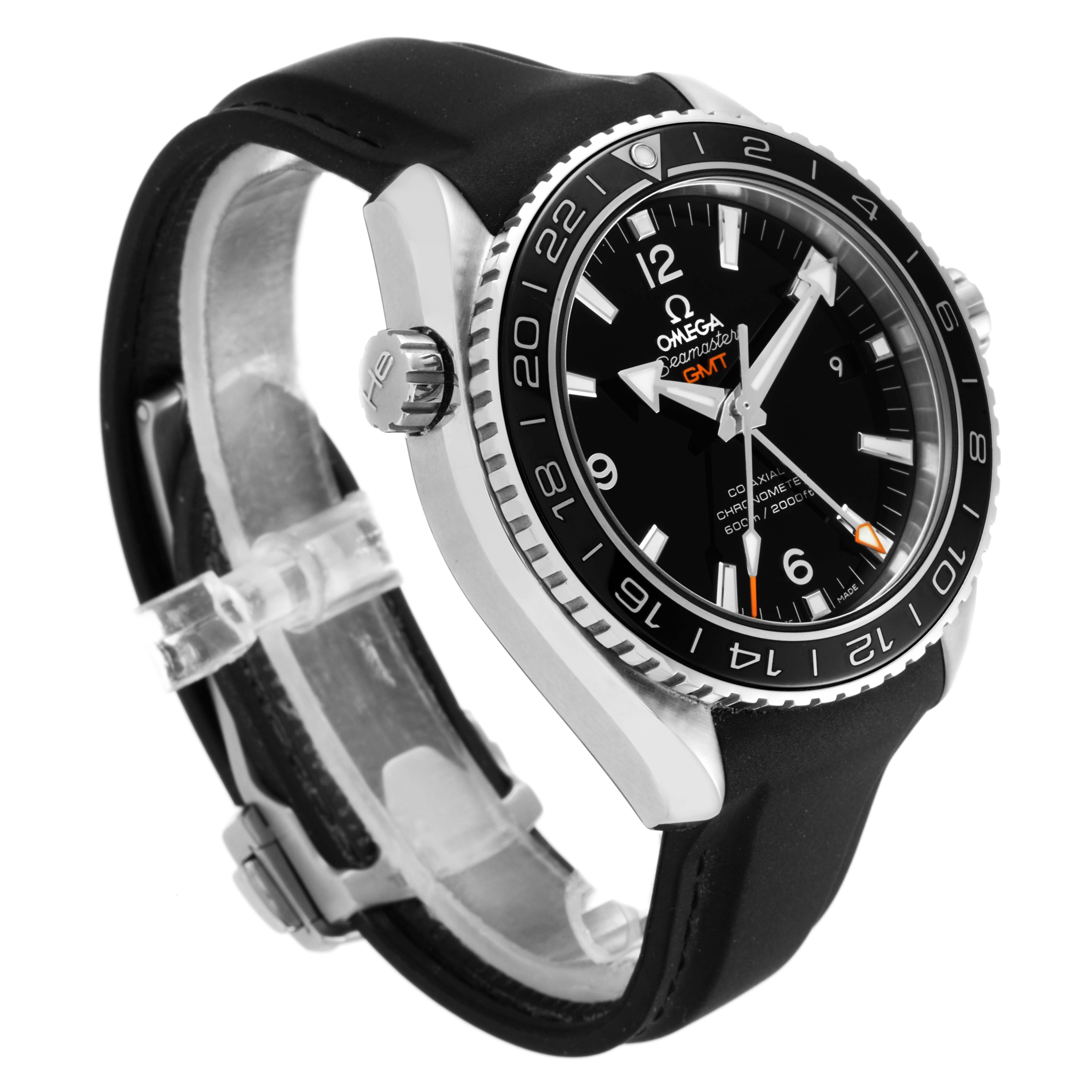 The image shows a side-front angled view of an Omega Planet Ocean 232.30.44.22.01.001 Men's Stainless Steel Black Dial 232.30.44.22.01.001 Men's Stainless Steel Black Dial watch, featuring its bezel, dial, crown, and strap.