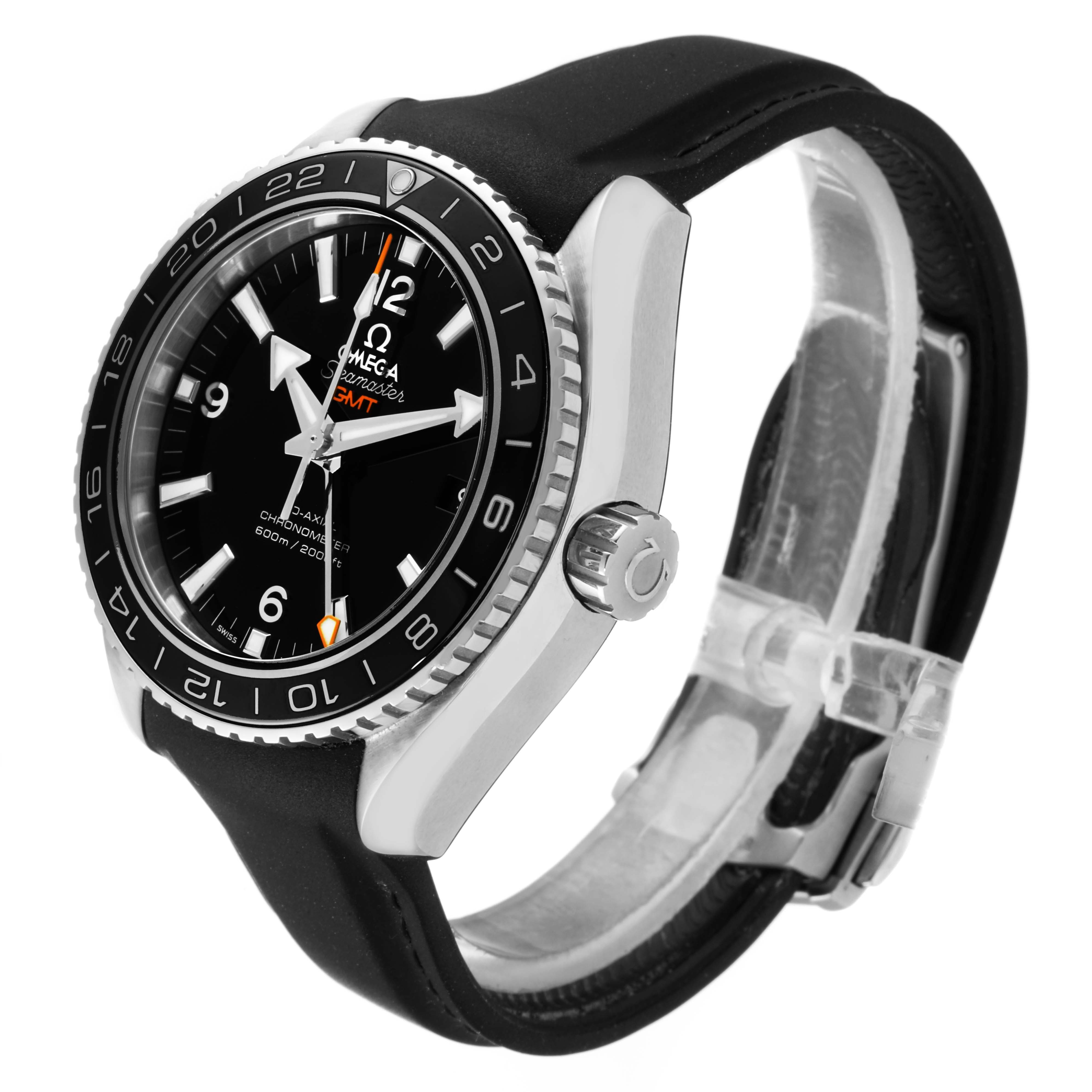 The image shows a side-angle view of the Omega Planet Ocean 232.30.44.22.01.001 Men's Stainless Steel Black Dial 232.30.44.22.01.001 Men's Stainless Steel Black Dial watch, highlighting its bezel, crown, and strap.