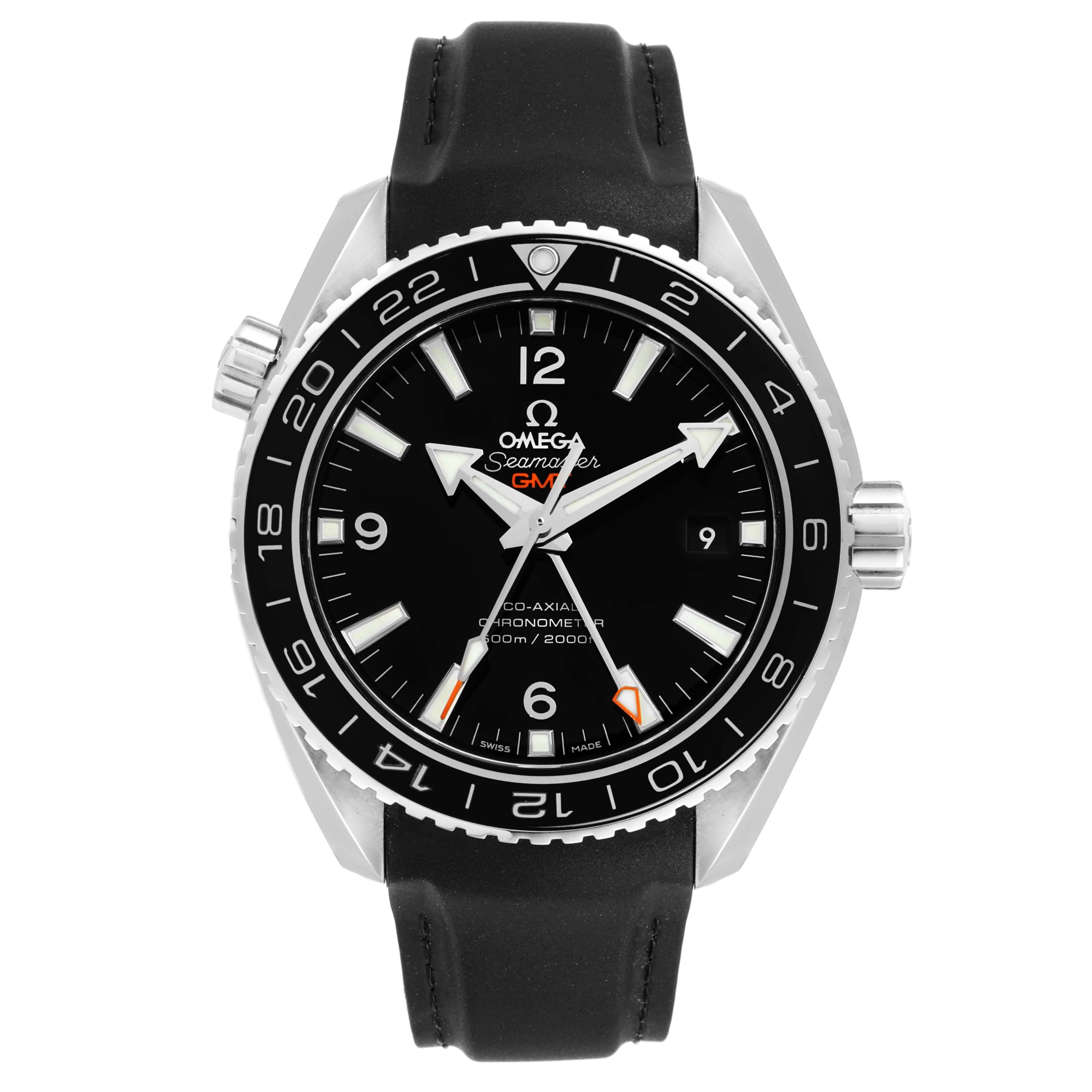 The Omega Planet Ocean 232.30.44.22.01.001 Men's Stainless Steel Black Dial 232.30.44.22.01.001 Men's Stainless Steel Black Dial watch is shown from a front angle, displaying the dial, hands, bezel, and strap.