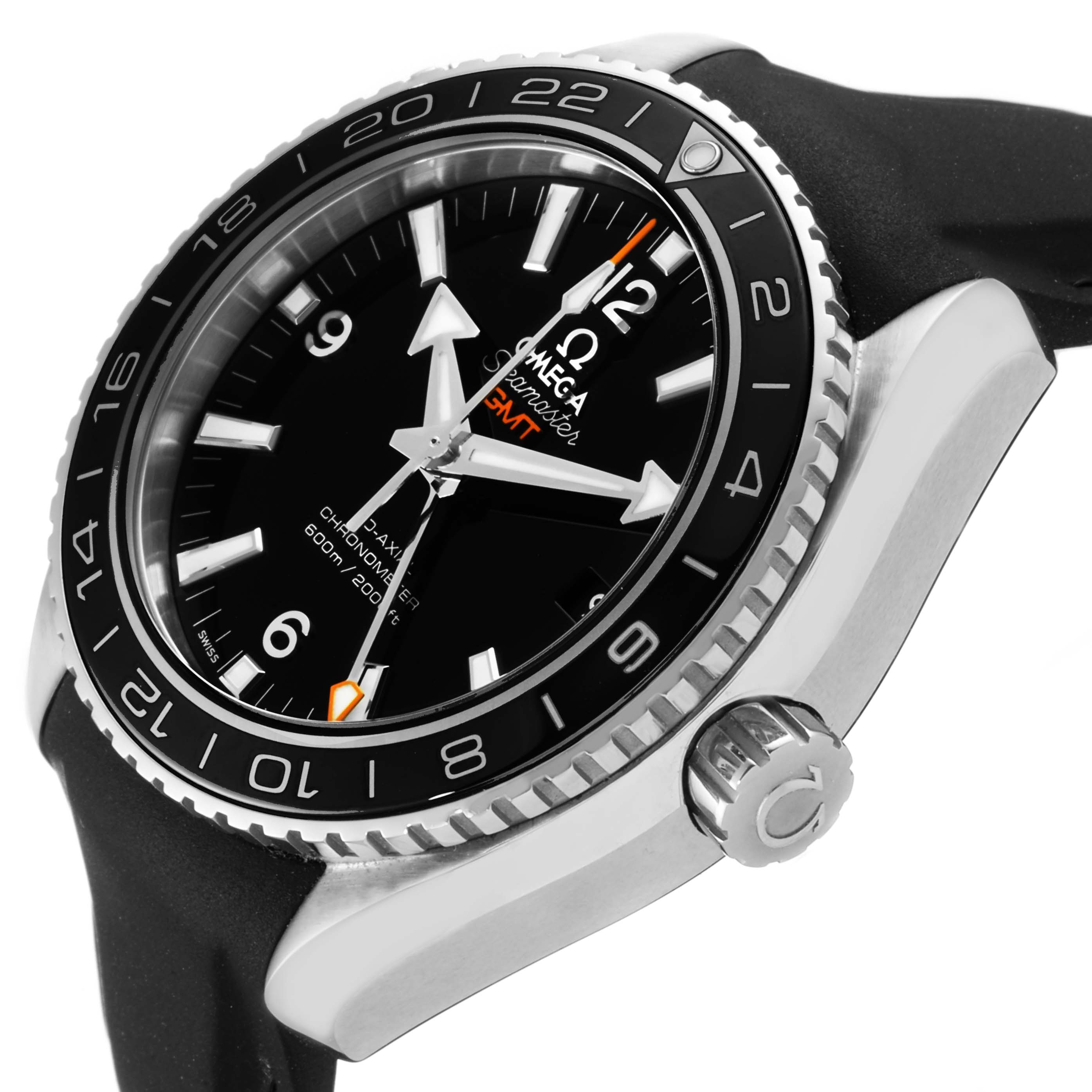 The image shows a side and angled view of the Omega Planet Ocean 232.30.44.22.01.001 Men's Stainless Steel Black Dial 232.30.44.22.01.001 Men's Stainless Steel Black Dial watch, highlighting the crown, bezel, and watch face.