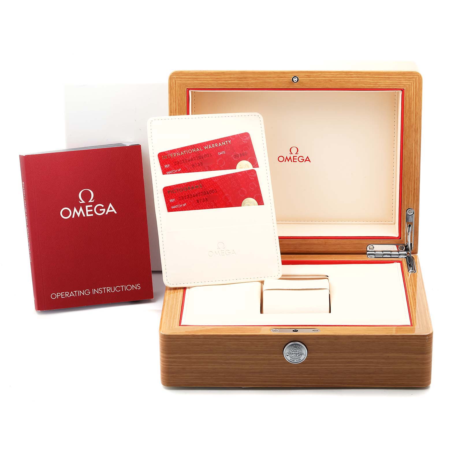 The image shows the packaging, warranty cards, and operating instructions for an Omega Planet Ocean 232.30.44.22.01.001 Men's Stainless Steel Black Dial 232.30.44.22.01.001 Men's Stainless Steel Black Dial watch from a front angle.