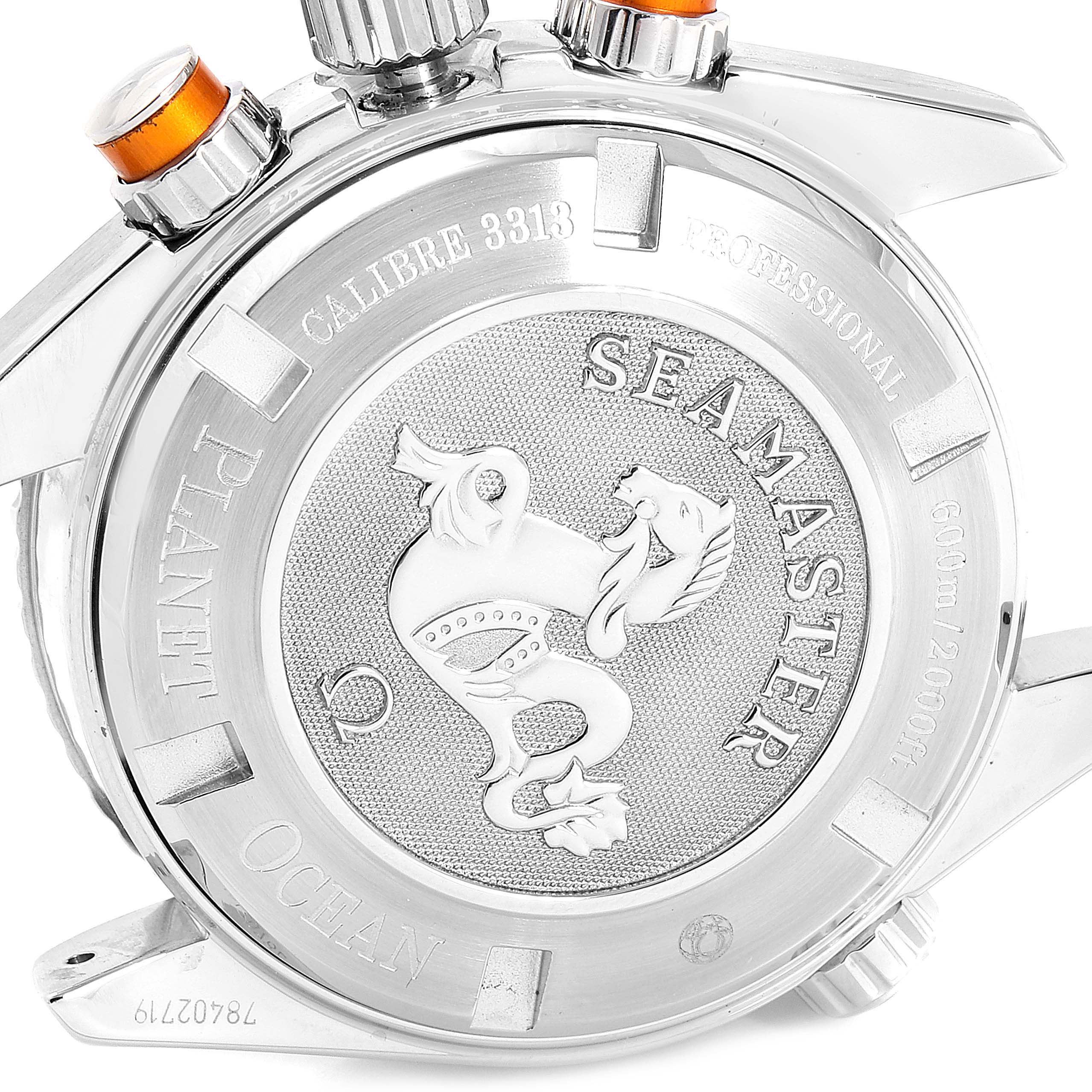 The image shows the back case of the Omega Seamaster 222.30.38.50.01.002 Men
s Stainless Steel Black Dial 222.30.38.50.01.002 Men
s Stainless Steel Black Dial watch, highlighting its engravings and crown/pushers.