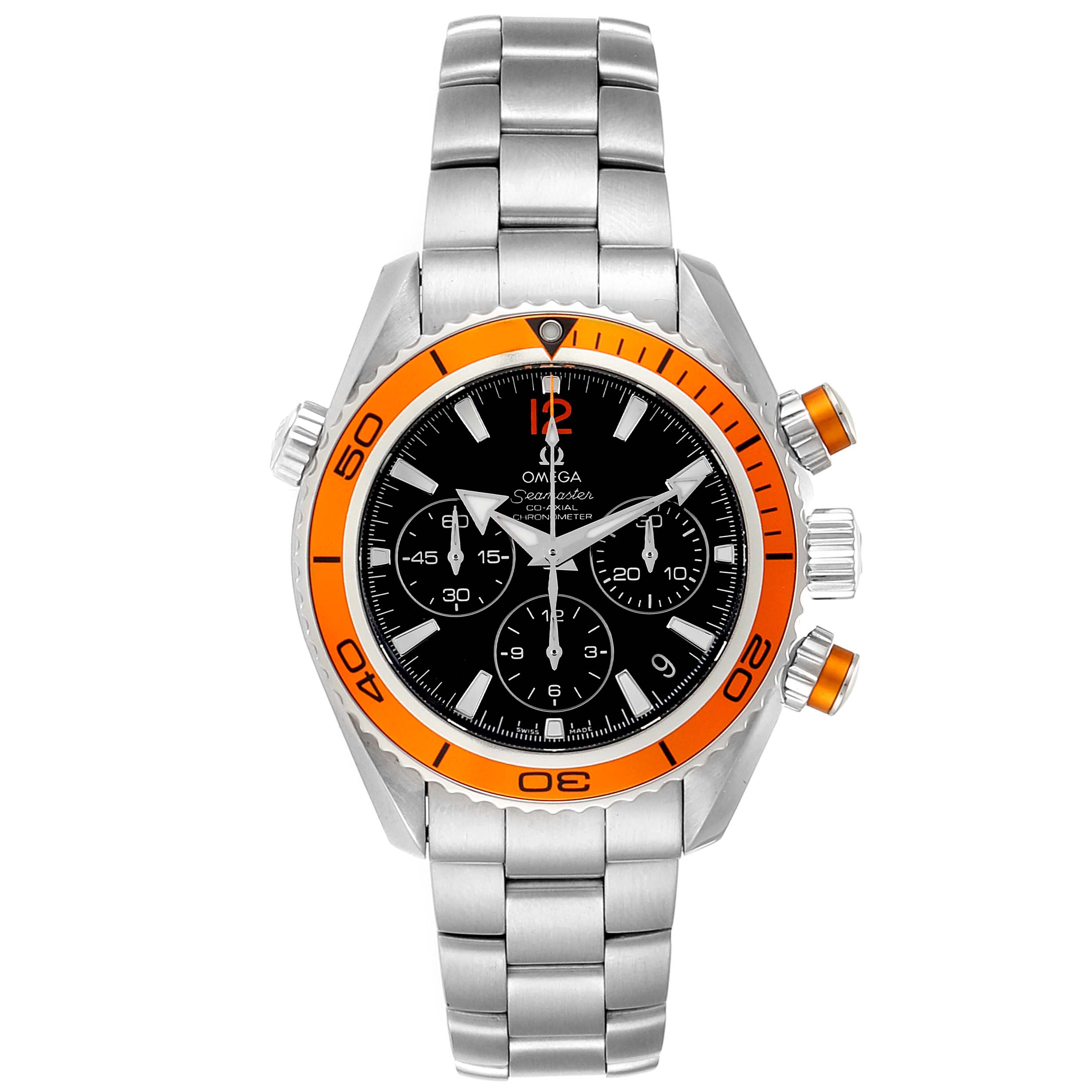 The image shows a front view of an Omega Seamaster 222.30.38.50.01.002 Men
s Stainless Steel Black Dial 222.30.38.50.01.002 Men
s Stainless Steel Black Dial watch with a stainless steel bracelet and an orange bezel.