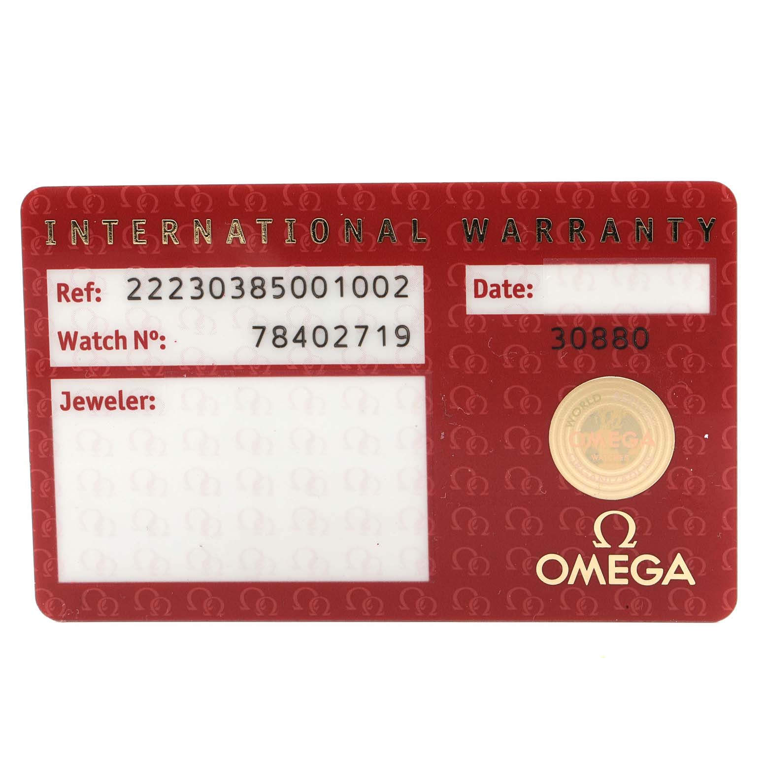 This image shows the international warranty card for an Omega Seamaster 222.30.38.50.01.002 Men
s Stainless Steel Black Dial 222.30.38.50.01.002 Men
s Stainless Steel Black Dial watch.