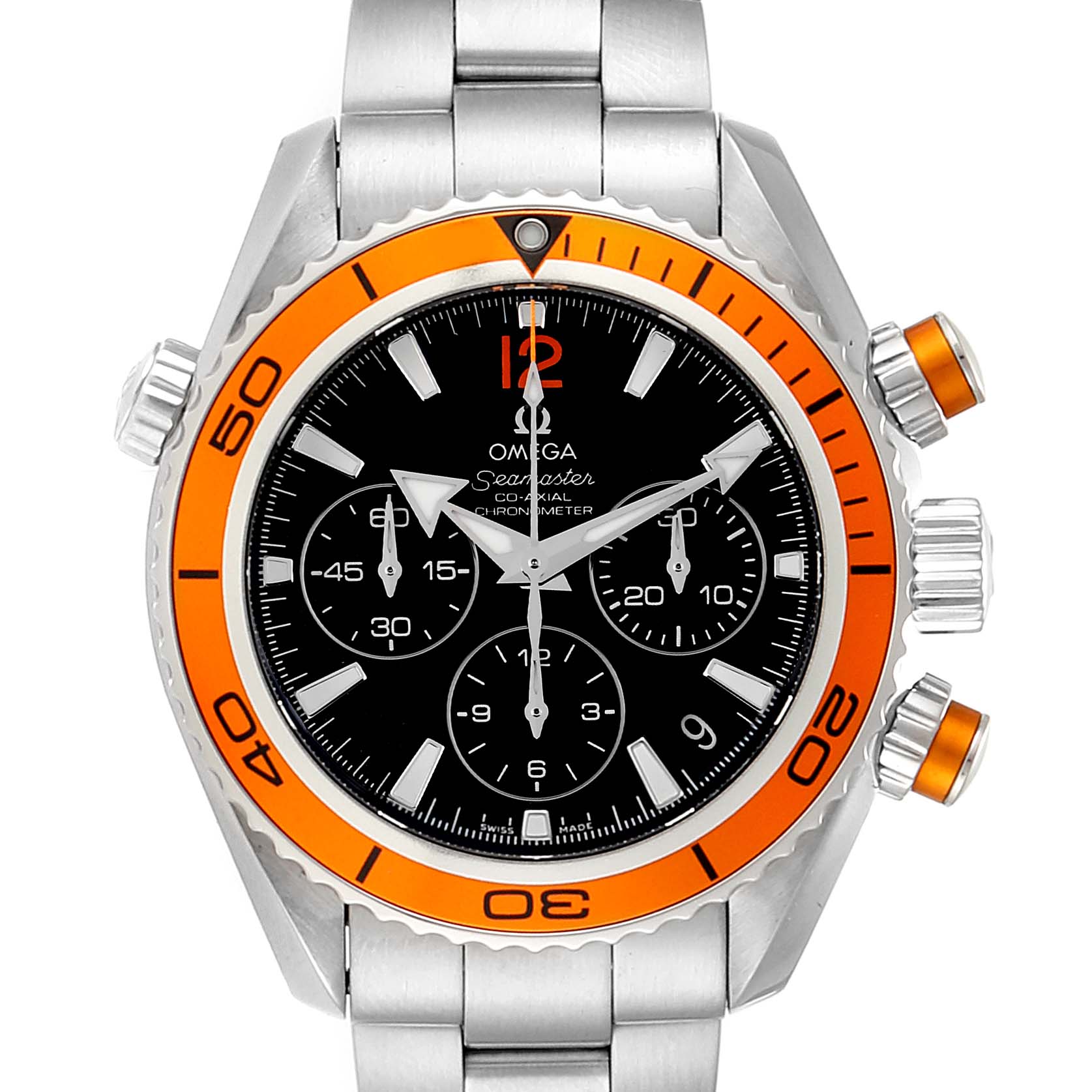 This image shows the front view of the Omega Seamaster 222.30.38.50.01.002 Men
s Stainless Steel Black Dial 222.30.38.50.01.002 Men
s Stainless Steel Black Dial watch, focusing on its dial, bezel, and chronograph buttons.