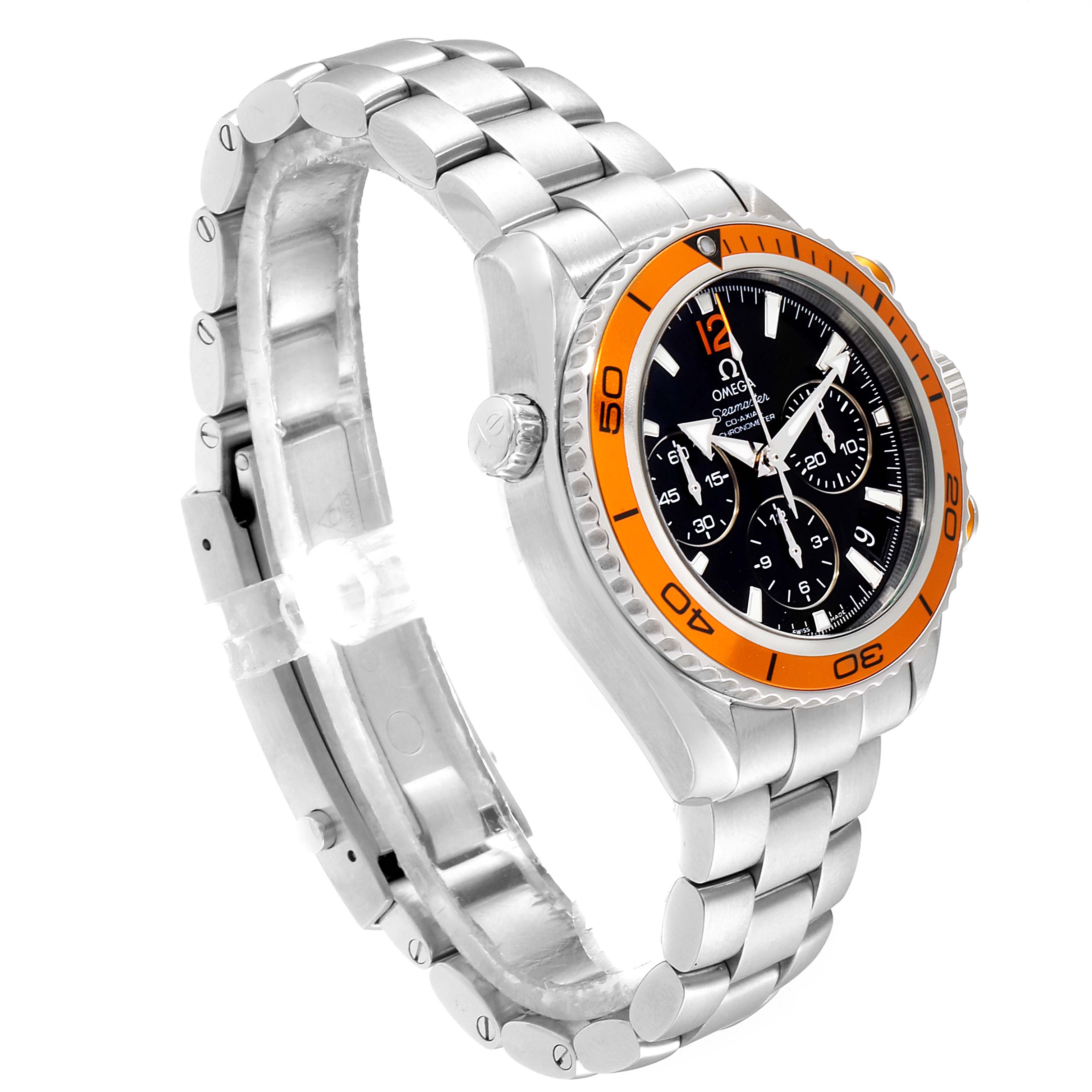 The image shows an angled side view of the Omega Seamaster 222.30.38.50.01.002 Men
s Stainless Steel Black Dial 222.30.38.50.01.002 Men
s Stainless Steel Black Dial watch, highlighting its bracelet and case with an orange bezel.