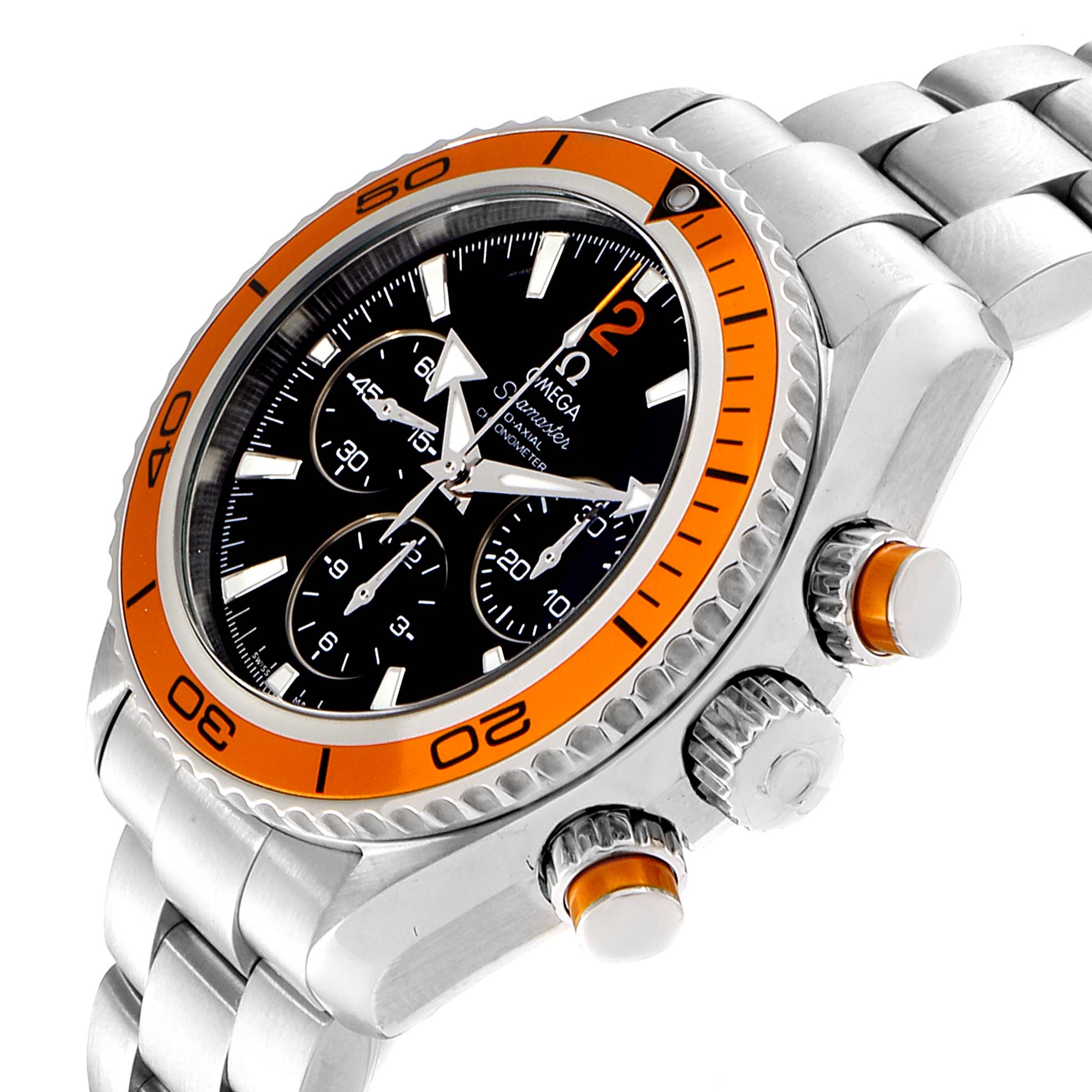 This image shows an Omega Seamaster 222.30.38.50.01.002 Men
s Stainless Steel Black Dial 222.30.38.50.01.002 Men
s Stainless Steel Black Dial model watch at a slight angle, highlighting its orange bezel, black dial, and stainless steel bracelet.